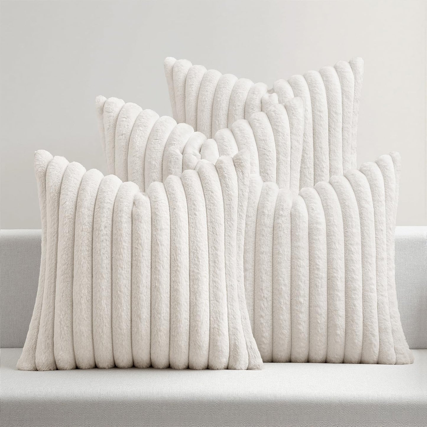 MIULEE Faux Fur Plush Decorative Throw Pillow Covers 18x18 Set of 4, Summer Modern Soft Fuzzy Coastal Striped Cushion Covers for Sofa Couch Bed Living Room Cozy Home Decor,Navy Blue