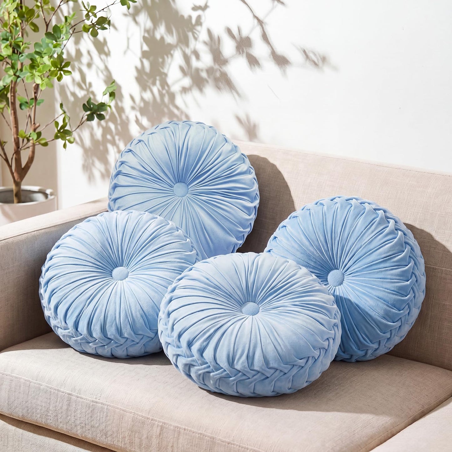 Kathfly Decorative Round Pleated Throw Pillows, Classy Velvet Pumpkin Round Throw Pillows, Decorative Floor Pillow for Bed Chair Home Sofa Decor, 14" Diameter(Orange, Yellow, Pink, Green,4 Pcs)