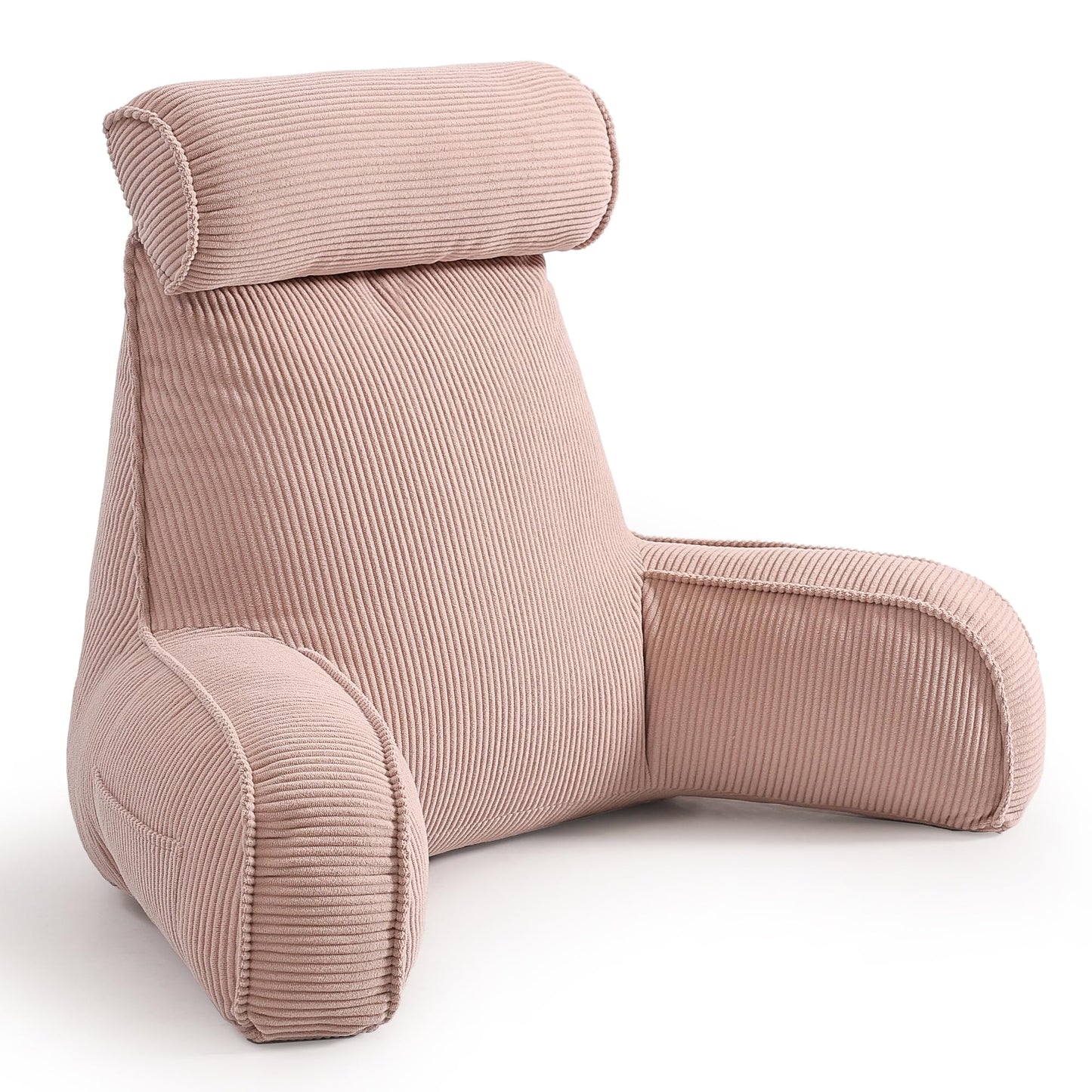 Reading Pillow for Sitting Up in Bed, Corduroy Backrest Pillow with Arms, Side Pocket & Washable Cover, Bed Rest Pillow Back Support for Adults, Beige Gray