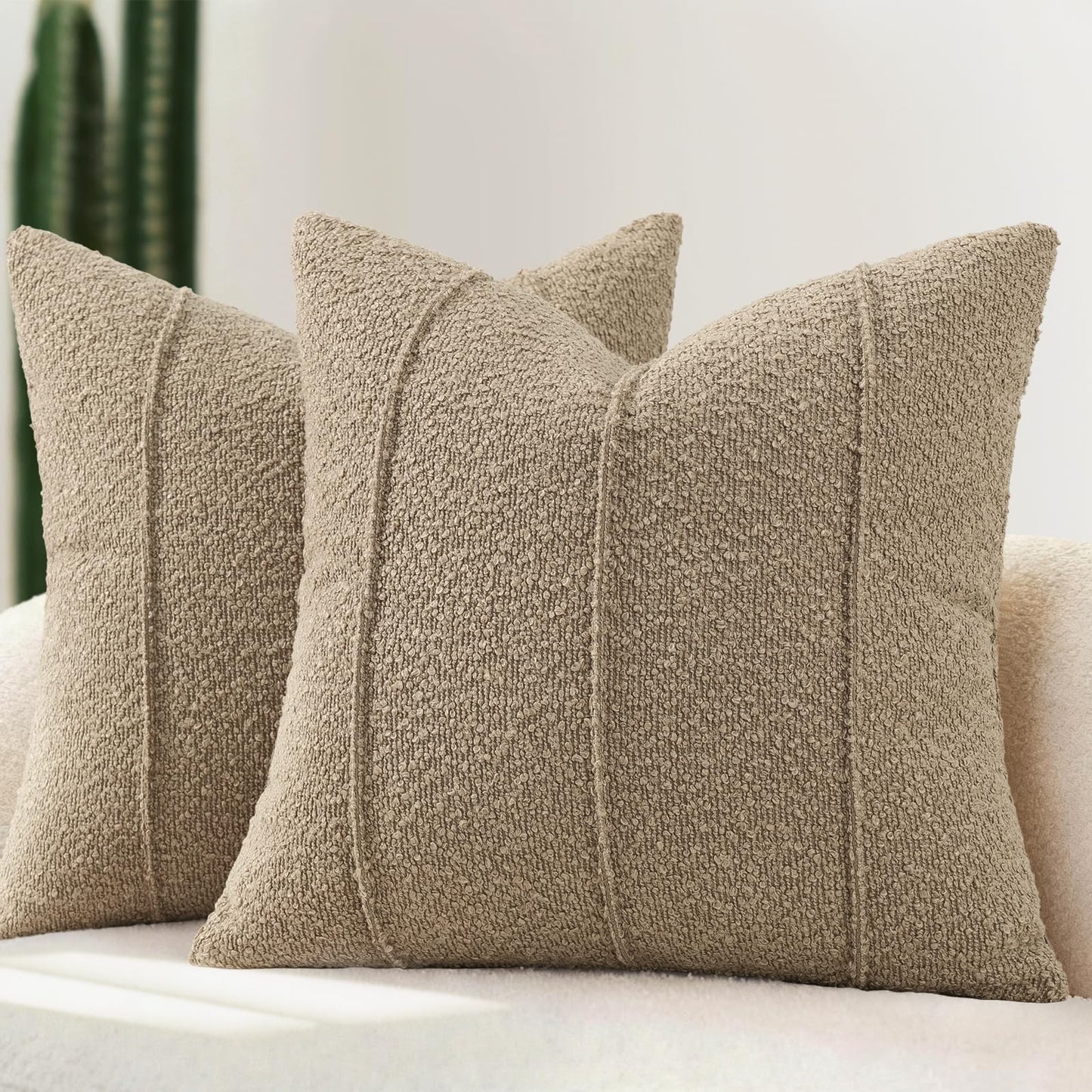 YCOLL Textured Boucle Throw Pillow Covers 24x24 Pack of 2 - Soft Neutral Striped Cushion Covers, Cozy Accent Decorative Pillow Covers for Couch, Sofa, Bed, Living Room (Beige)