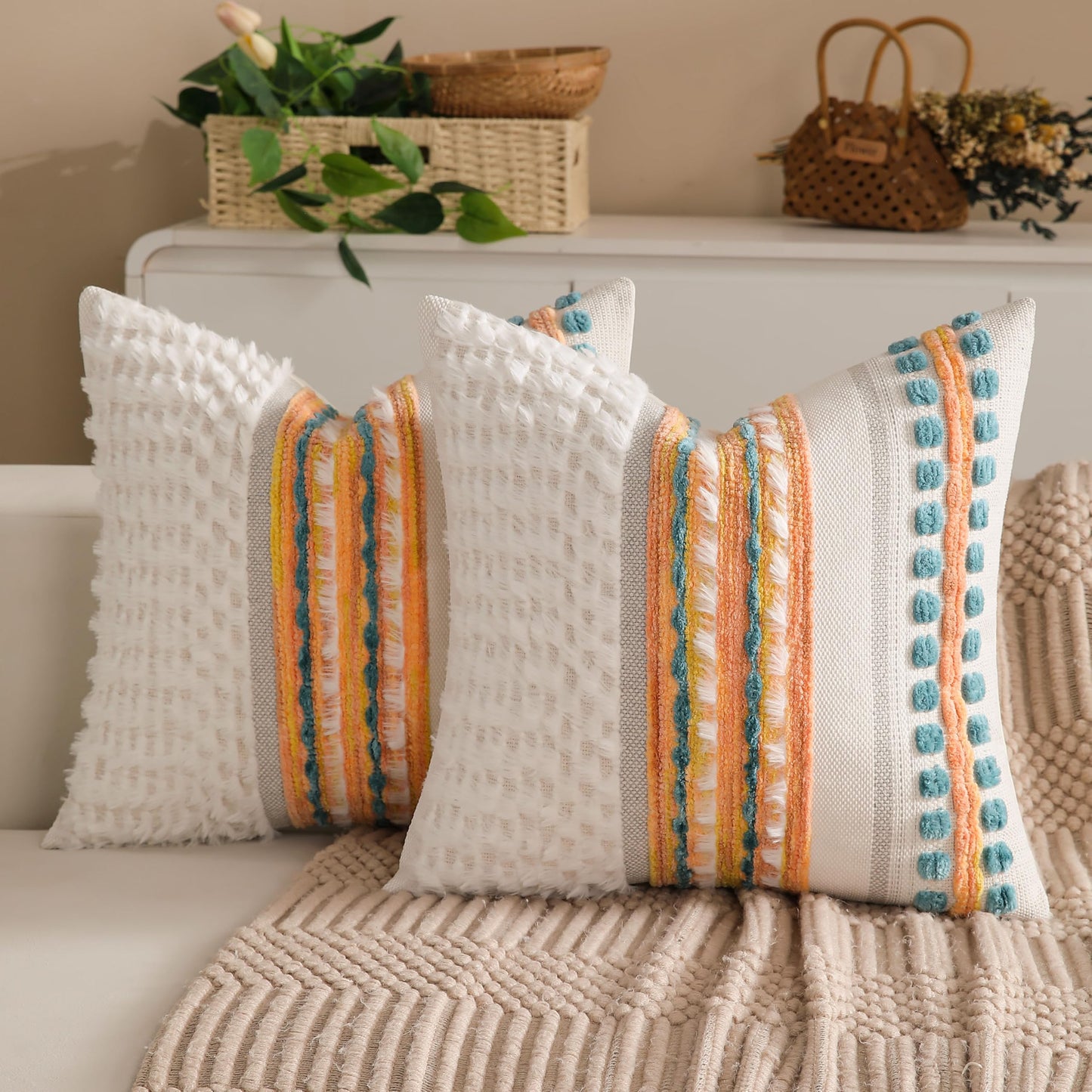 Boho Farmhouse Striped Neutral Decorative Throw Pillow Covers Set of 2