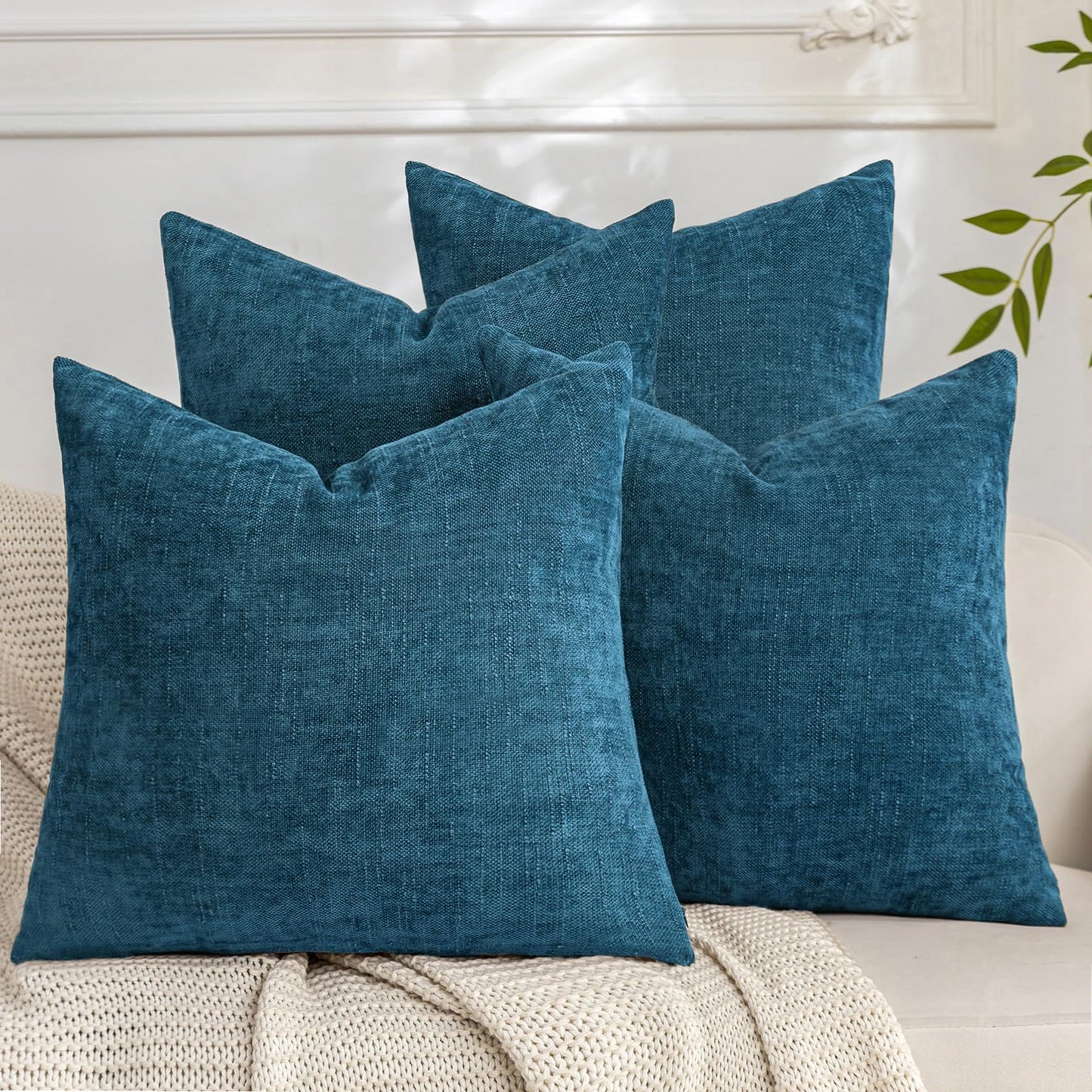 Set of 4 Soft Textured Decorative Throw Pillow Covers 24x24 Inch Cozy Farmhouse Cushion Cover Square Accent Pillow Cases for Bed Couch Sofa Living Room, Neutral