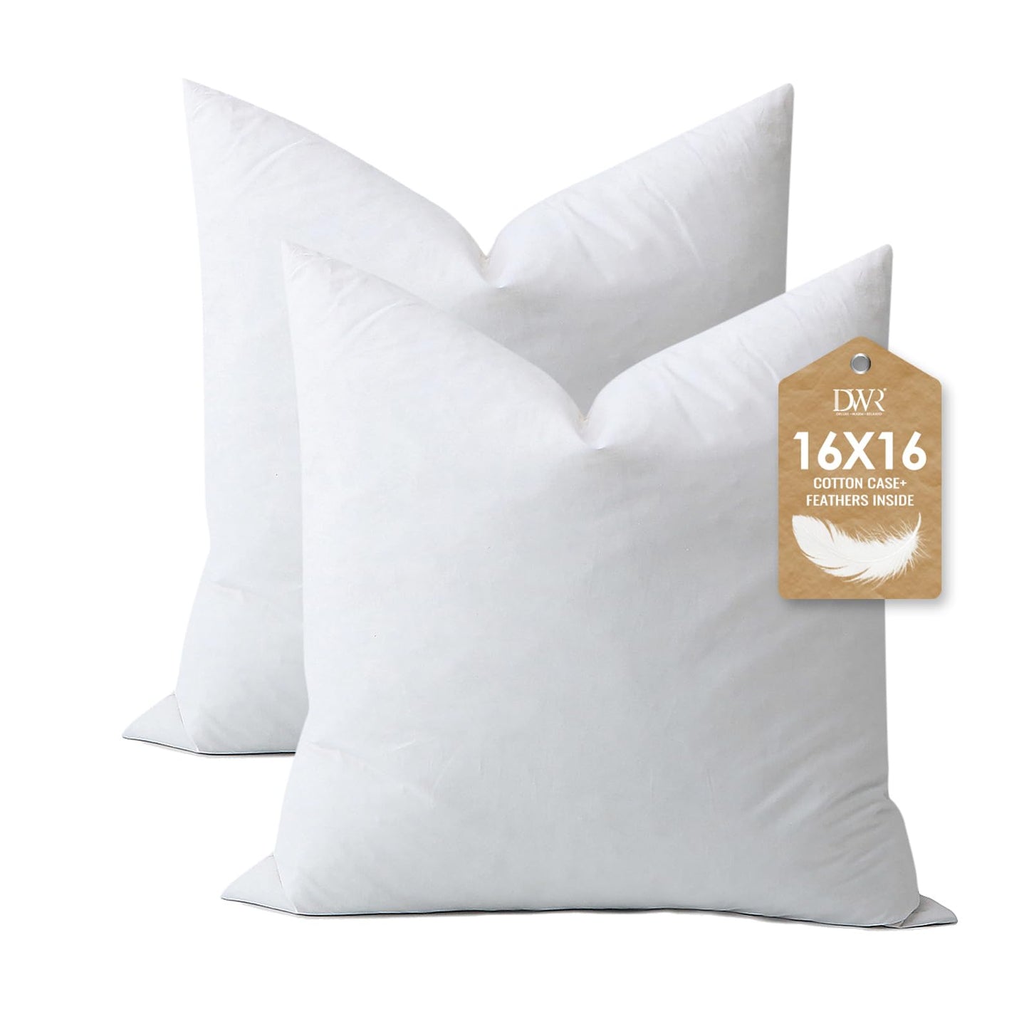 DWR Set of 2 Feather Down Throw Pillow Inserts 28x28 with Organic Cotton Cover, Feather Square White Decorative Pillow Inserts for Bed, Sofa, and Couch