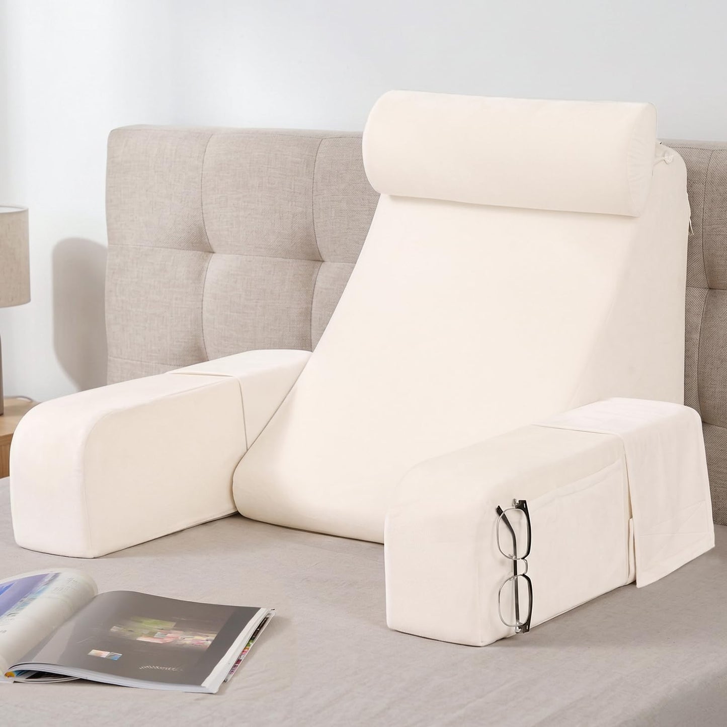 ENITYA Reading Pillow with Arms for Bed Support, 21" Large Back Support Pillow for Sitting up, Wedge Pillow for Reclining, Watching TV, Reading, Gaming, Resting in Bed, Couch or Floor, Grey