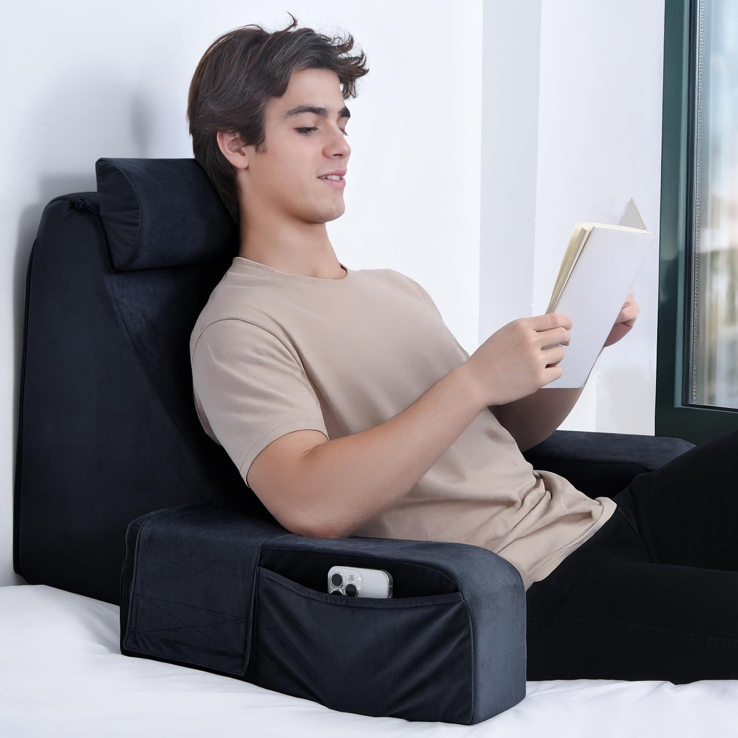 ENITYA Reading Pillow with Arms for Bed Support, 21" Large Back Support Pillow for Sitting up, Wedge Pillow for Reclining, Watching TV, Reading, Gaming, Resting in Bed, Couch or Floor, Grey