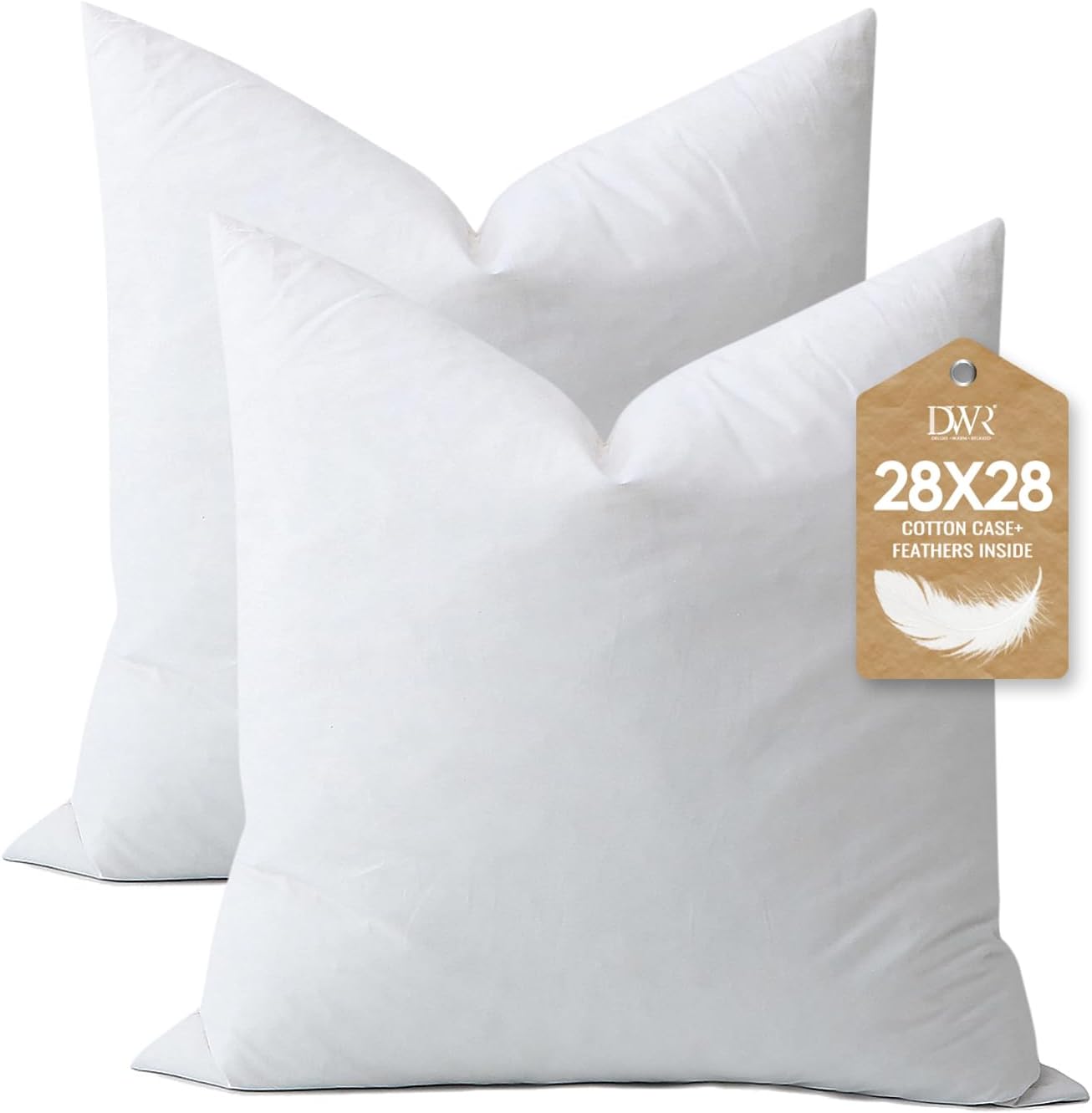 DWR Set of 2 Feather Down Throw Pillow Inserts 28x28 with Organic Cotton Cover, Feather Square White Decorative Pillow Inserts for Bed, Sofa, and Couch