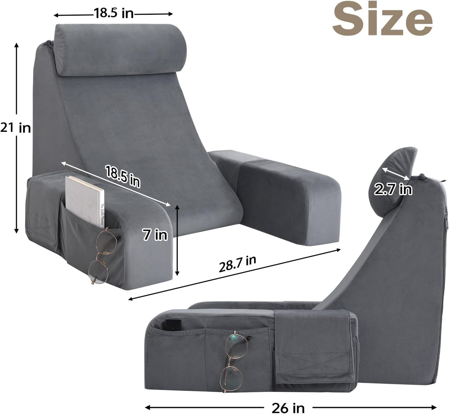 ENITYA Reading Pillow with Arms for Bed Support, 21" Large Back Support Pillow for Sitting up, Wedge Pillow for Reclining, Watching TV, Reading, Gaming, Resting in Bed, Couch or Floor, Grey