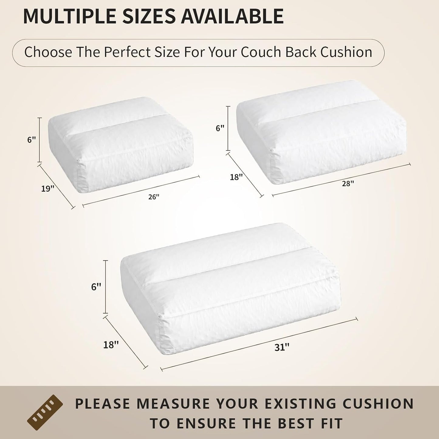 3 Pack Couch Back Cushion Replacement, 6 Inch Thick Supportive Sofa Backrest Pillow Insert with Odorless Shredded Memory Foam for Couch, Loveseats, Sectionals, 28"x18"x6"