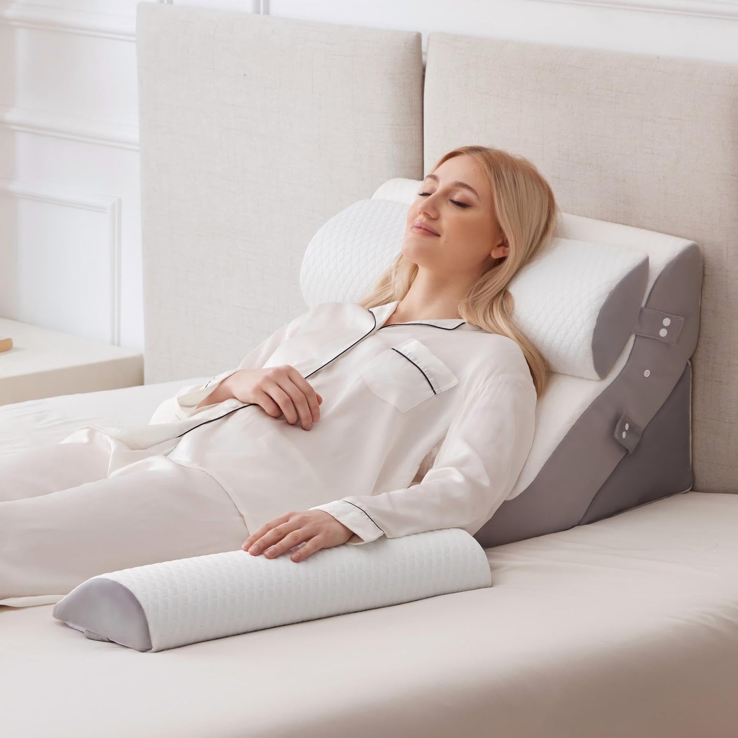 Ruqmuis 3PCS Wedge Pillow Set for After Surgery, Adjustable Back Pillow for Bed Sitting up, Acid Reflux, Bed Wedge Pillow Headboard for Sleeping & Snoring, Orthopedic Pillow for Post Surgery, White