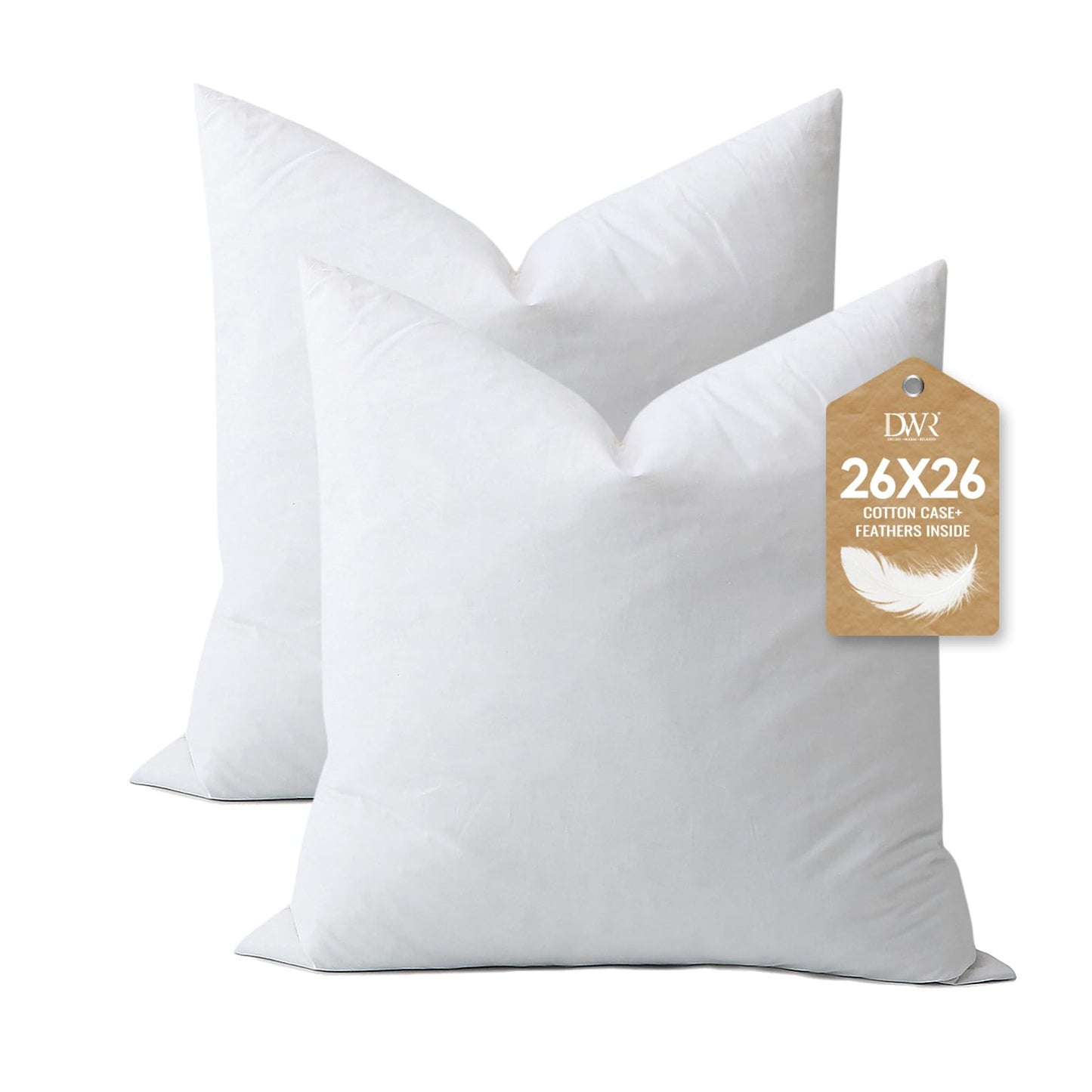 DWR Set of 2 Feather Down Throw Pillow Inserts 28x28 with Organic Cotton Cover, Feather Square White Decorative Pillow Inserts for Bed, Sofa, and Couch