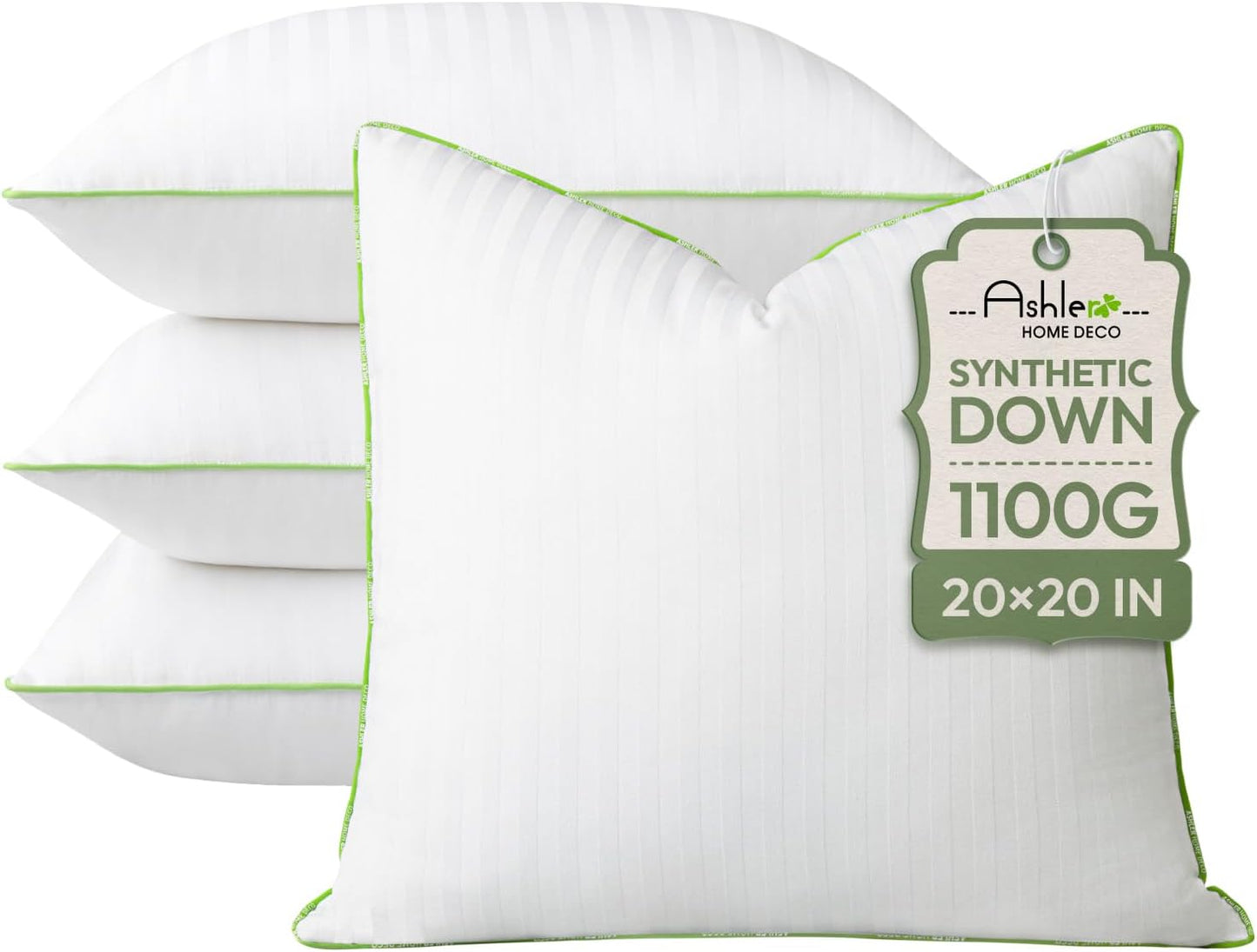 Ashler Home Deco Synthetic Down Pillow Inserts, 20x20 Down Alternative Throw Pillows Insert Sleeping Pillows with 100% Cotton Cover Decorative Pillow Stuffer for Sofa, Couch Bed(Set of 4, White)