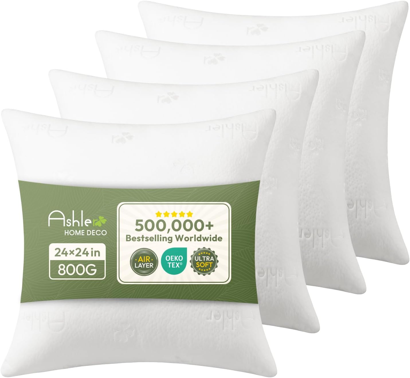 Ashler Throw Pillow Inserts 24 x 24 Inches Set of 4,Firm and Fluffy Decorative Square Pillows with Air Layer, Indoor Square Cushion Stuffer for Couch Bed Sofa and Living Room