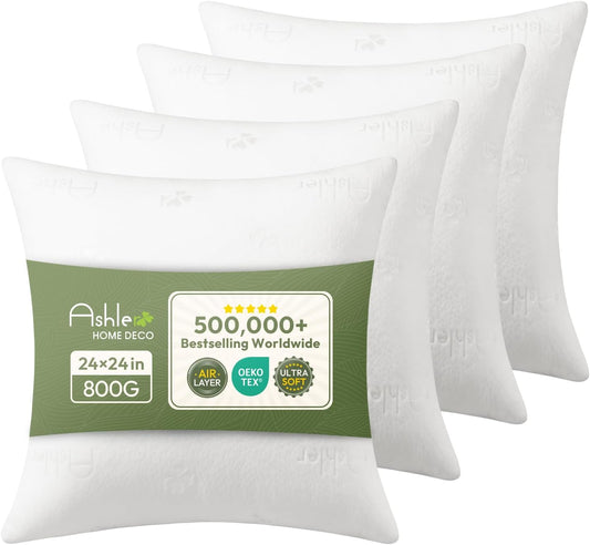 Ashler Throw Pillow Inserts 24 x 24 Inches Set of 4,Firm and Fluffy Decorative Square Pillows with Air Layer, Indoor Square Cushion Stuffer for Couch Bed Sofa and Living Room