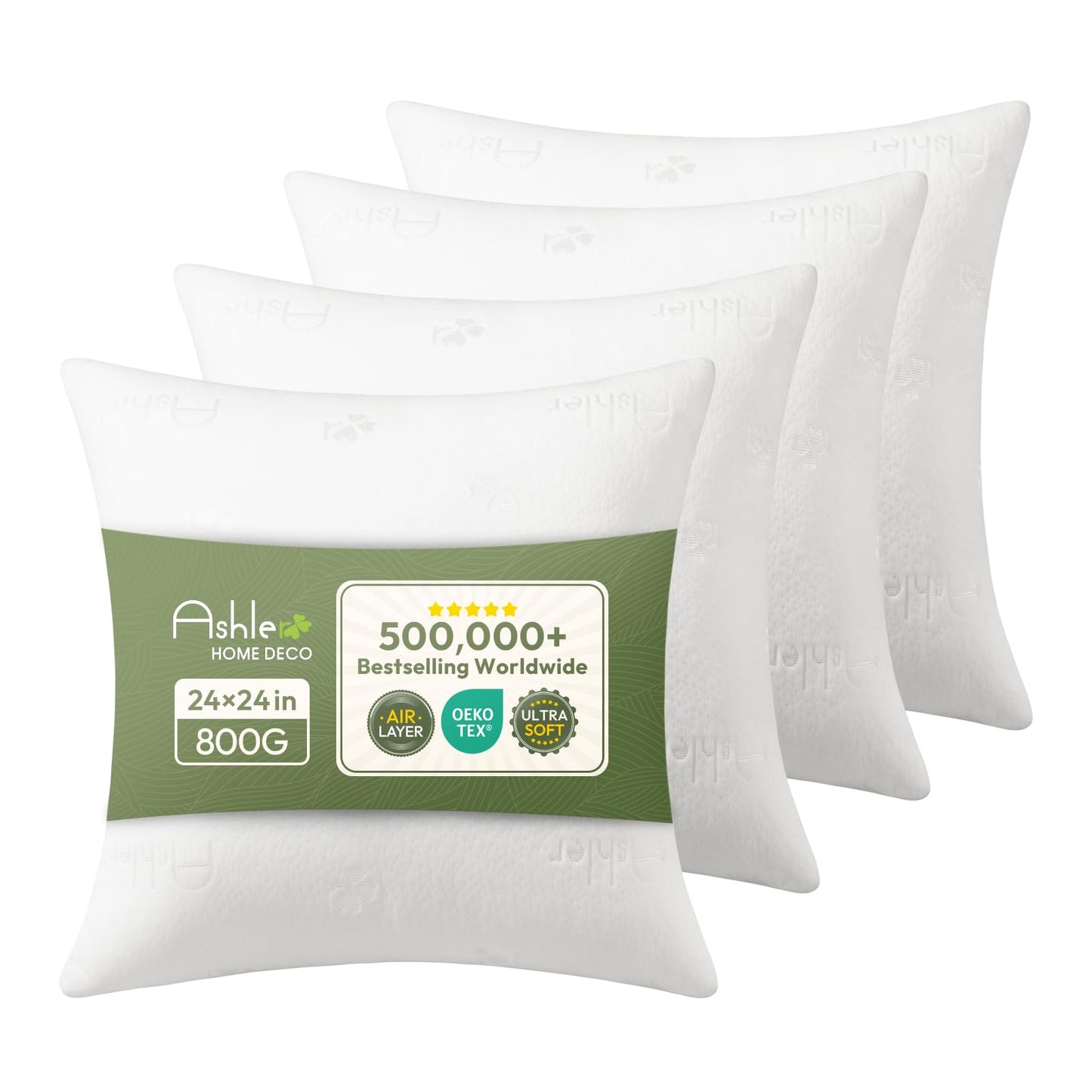 Ashler Throw Pillow Inserts 24 x 24 Inches Set of 4,Firm and Fluffy Decorative Square Pillows with Air Layer, Indoor Square Cushion Stuffer for Couch Bed Sofa and Living Room
