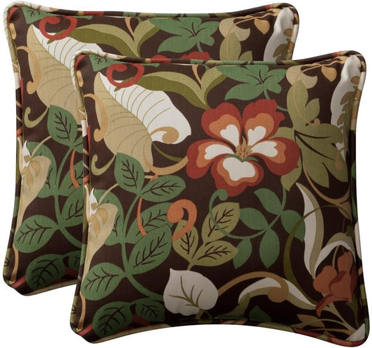 Pillow Perfect Floral Indoor/Outdoor Accent Throw Pillow, Plush Fill, Weather, and Fade Resistant, Large Throw - 18.5" x 18.5", Brown/Green Coventry, 2 Count