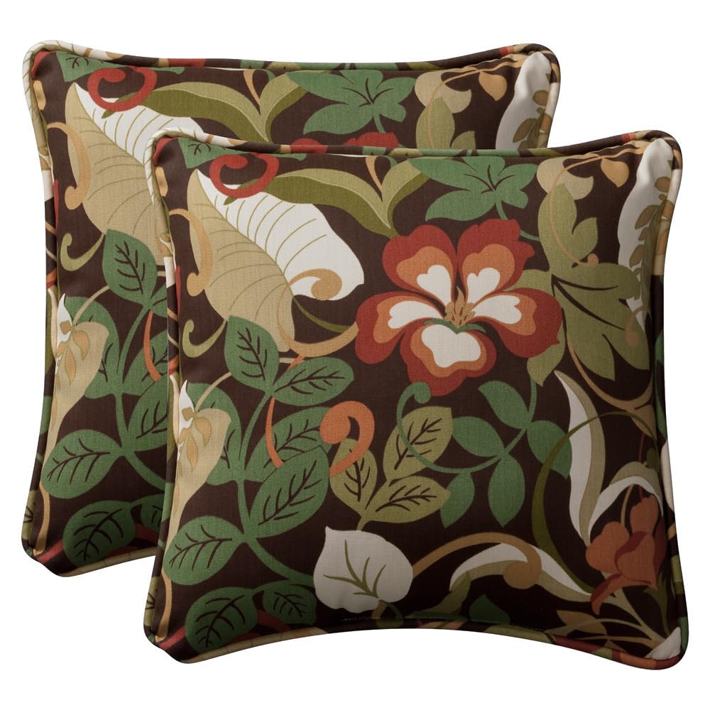 Pillow Perfect Floral Indoor/Outdoor Accent Throw Pillow, Plush Fill, Weather, and Fade Resistant, Large Throw - 18.5" x 18.5", Brown/Green Coventry, 2 Count