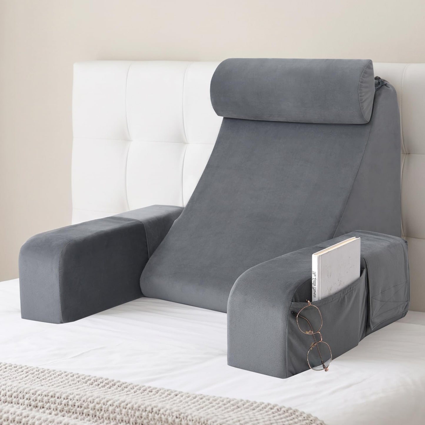 ENITYA Reading Pillow with Arms for Bed Support, 21" Large Back Support Pillow for Sitting up, Wedge Pillow for Reclining, Watching TV, Reading, Gaming, Resting in Bed, Couch or Floor, Grey