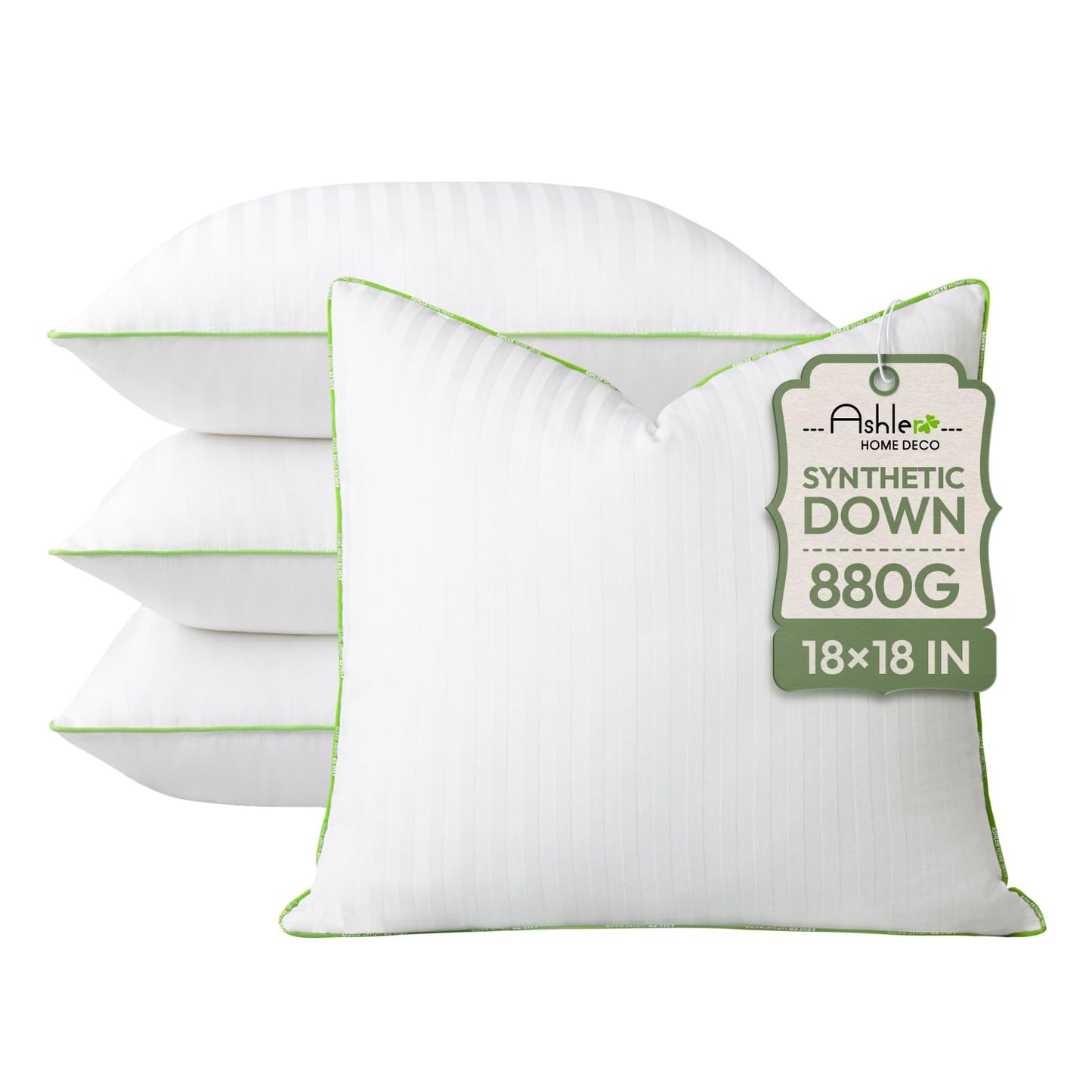 Ashler Home Deco Synthetic Down Pillow Inserts, 20x20 Down Alternative Throw Pillows Insert Sleeping Pillows with 100% Cotton Cover Decorative Pillow Stuffer for Sofa, Couch Bed(Set of 4, White)
