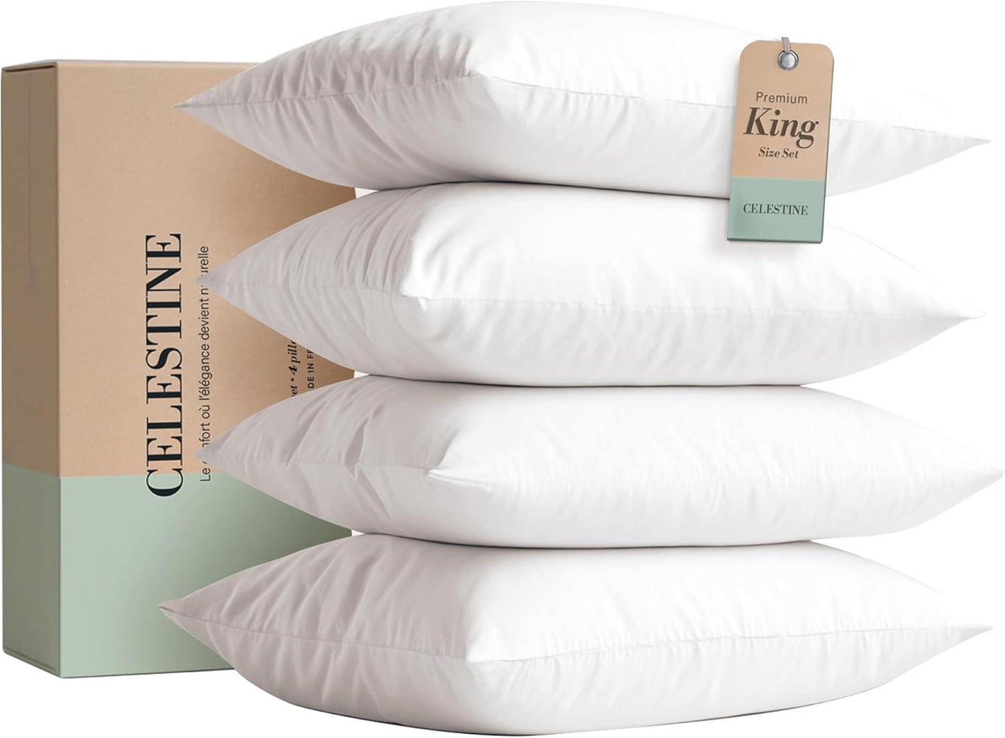 King Size Bed Pillows Set of 4 – Soft & Supportive Down Alternative Microfiber Filling, Plush White 36x20 Sleeping Pillows for Side and Back Sleepers, Breathable, Machine Washable