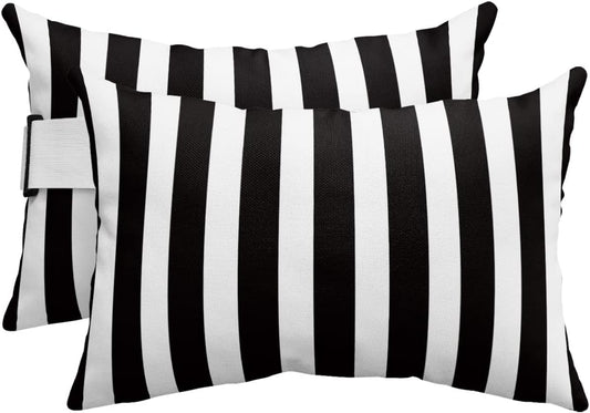 T&H XHome Outdoor Pillow for Chaise Lounge Chair, Black and White Stripe Waterproof Headrest Pillow Lumbar Pillows with Insert & Adjustable Elastic Strap for Beach, Poolside, Patio, Office (2 Pack)