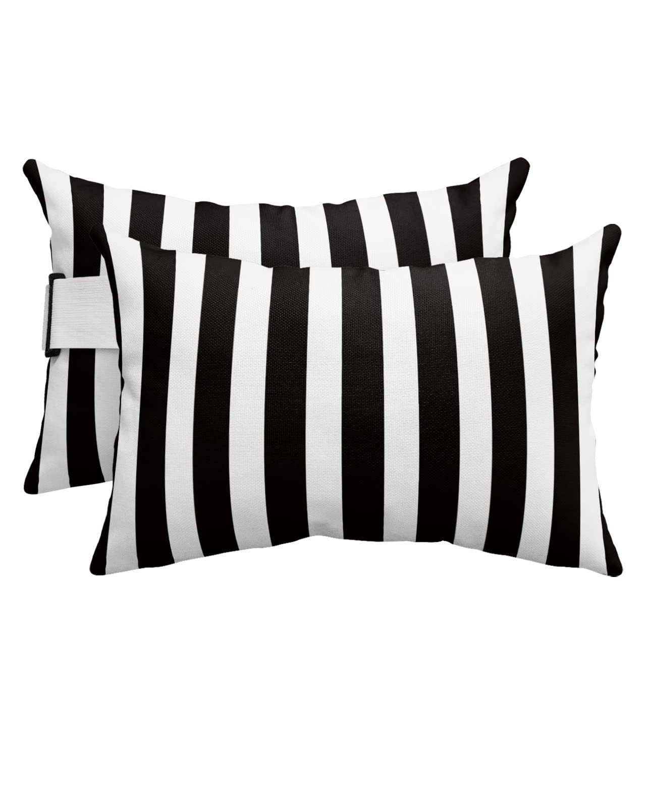 T&H XHome Outdoor Pillow for Chaise Lounge Chair, Black and White Stripe Waterproof Headrest Pillow Lumbar Pillows with Insert & Adjustable Elastic Strap for Beach, Poolside, Patio, Office (2 Pack)