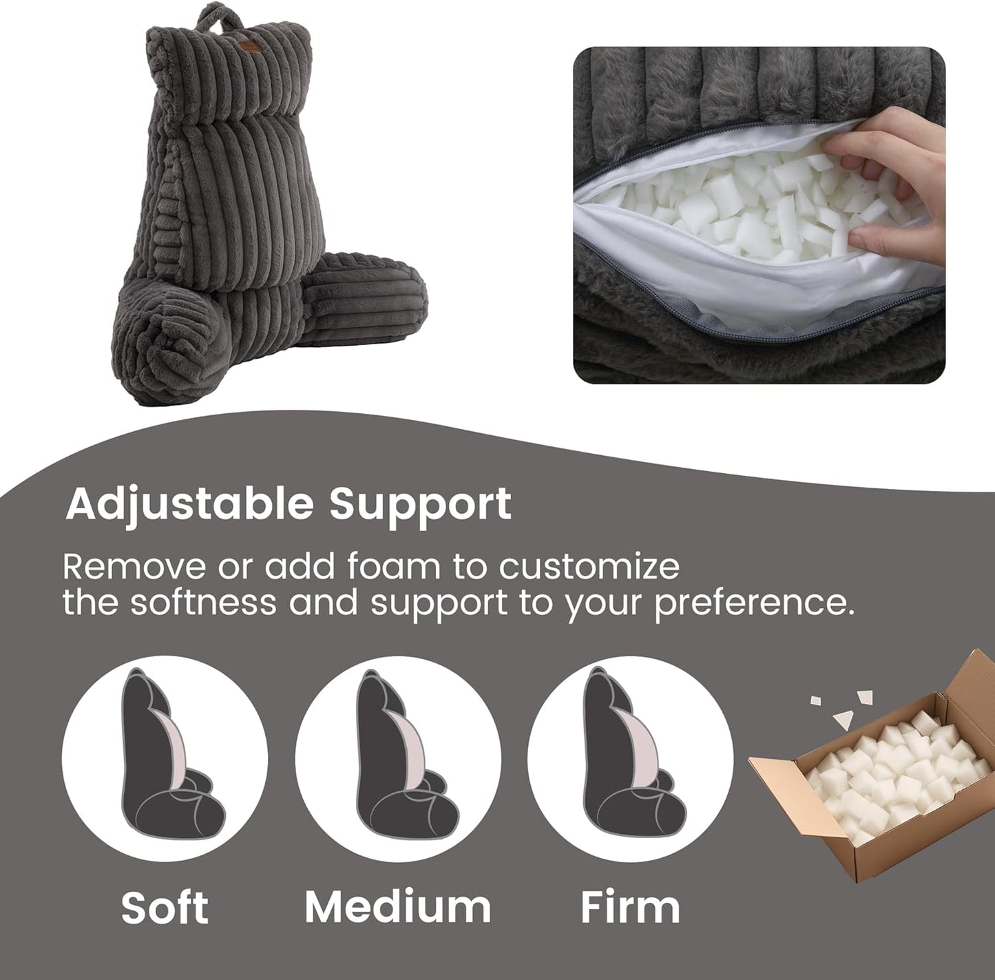 Amélie Home Faux Fur Reading Pillow with Pocket for Sitting in Bed, Adult Backrest Bed Pillow with Washable Cover for Lounging, Watching TV/Reading/Gaming/Resting/Post/Surgery/Nursing, Grey 25 inches