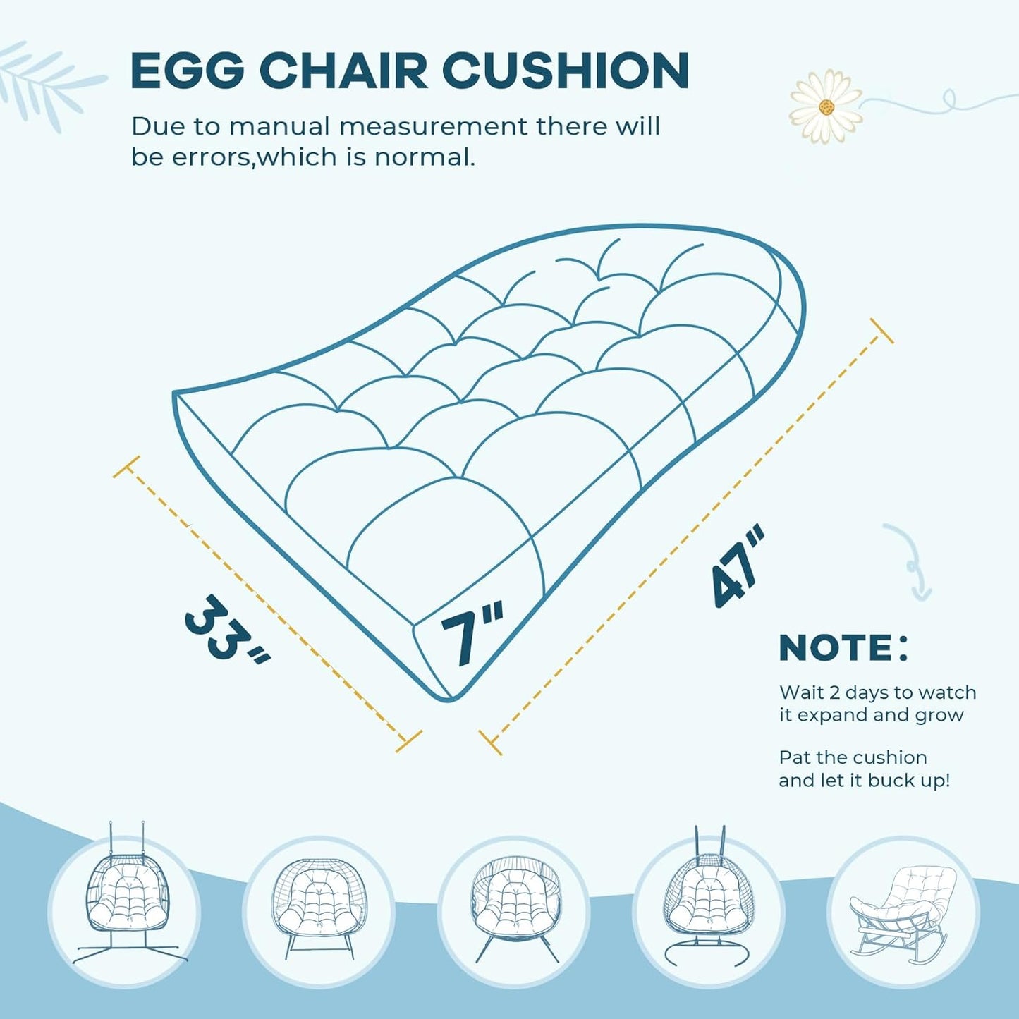 Waterproof Egg Chair Cushion Replacement Outdoor Hanging Egg Couch Cushion 47x35x7 Inches Thicken Chair Cushions with Ties, Blue Leaf