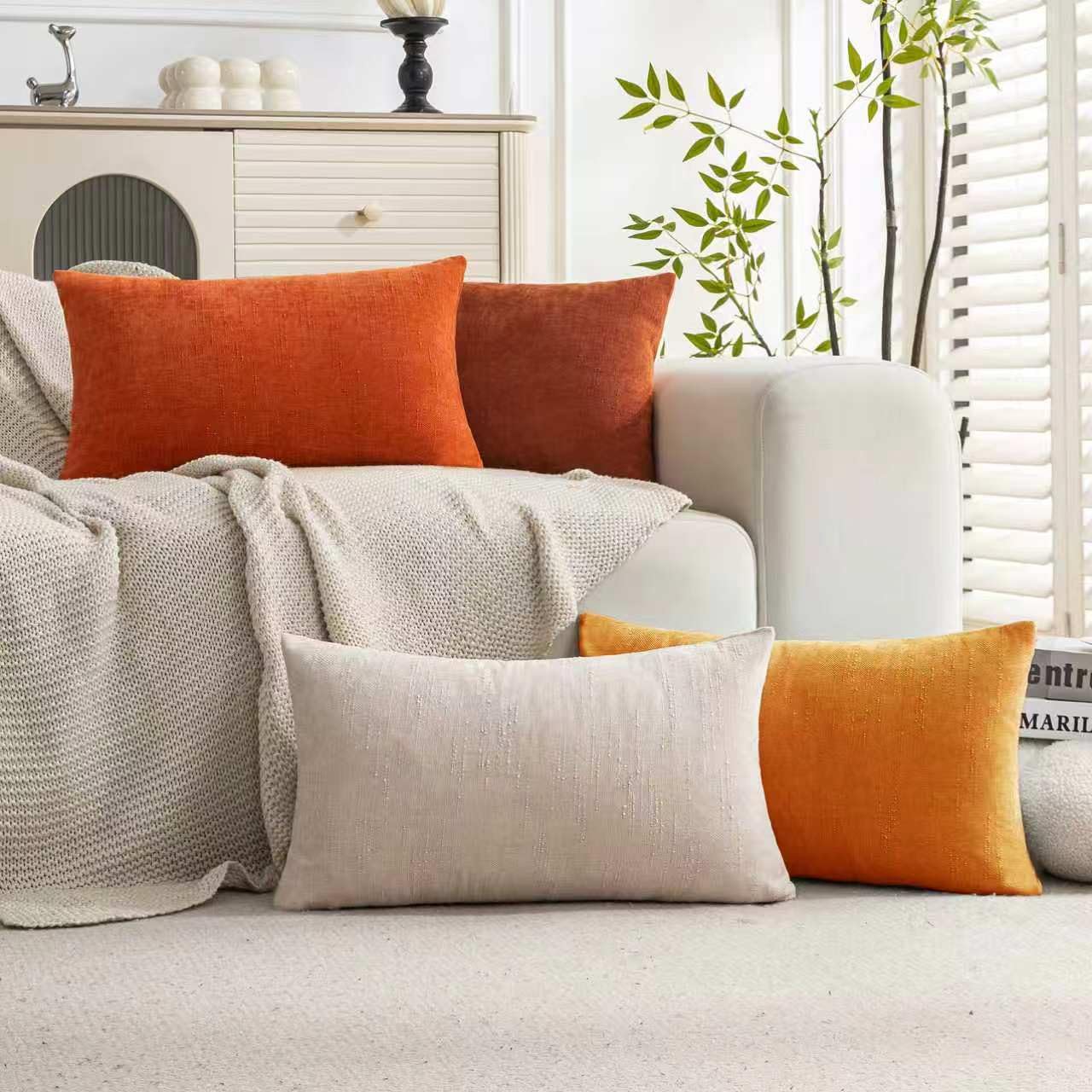 Set of 4 Soft Textured Decorative Throw Pillow Covers 24x24 Inch Cozy Farmhouse Cushion Cover Square Accent Pillow Cases for Bed Couch Sofa Living Room, Neutral