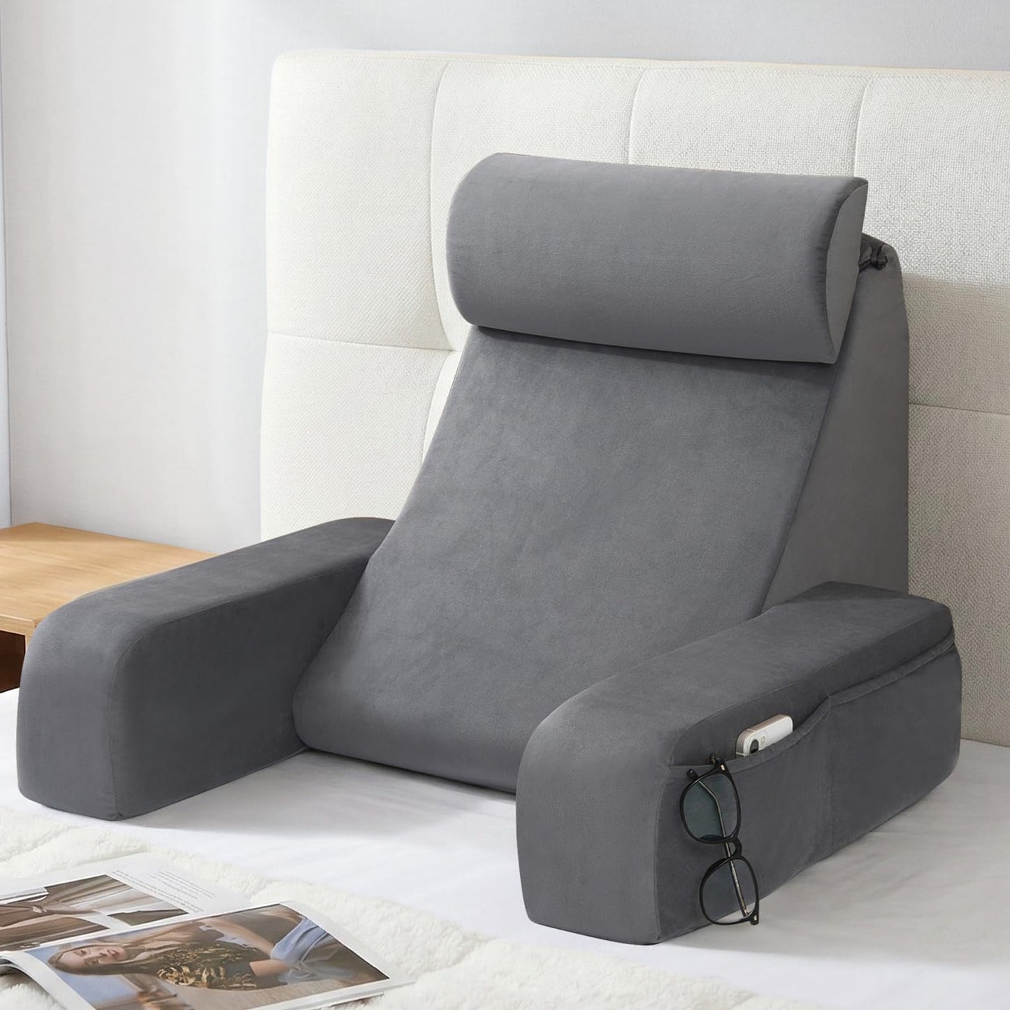 ENITYA Reading Pillow with Arms for Bed Support, 21" Large Back Support Pillow for Sitting up, Wedge Pillow for Reclining, Watching TV, Reading, Gaming, Resting in Bed, Couch or Floor, Grey