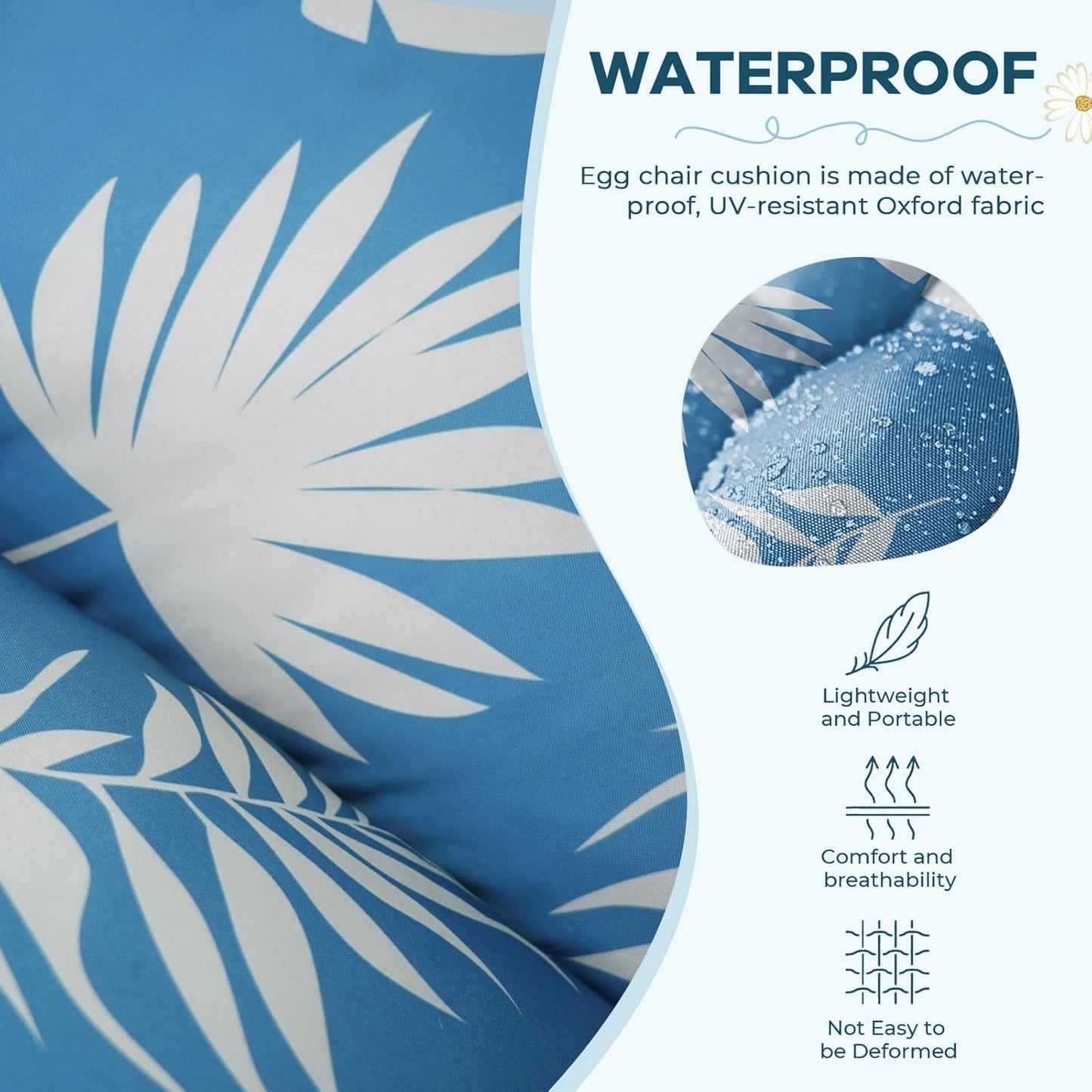 Waterproof Egg Chair Cushion Replacement Outdoor Hanging Egg Couch Cushion 47x35x7 Inches Thicken Chair Cushions with Ties, Blue Leaf