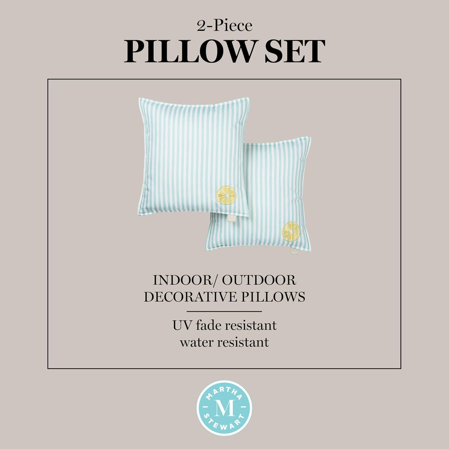 Martha Stewart Spring May Embroidered Lemon Indoor Outdoor Decorative Pillow 2-Pack Set, UV Fade Resistant, Water Repellent, Printed Stripe Design, Aqua Blue/Yellow, 18"x18"
