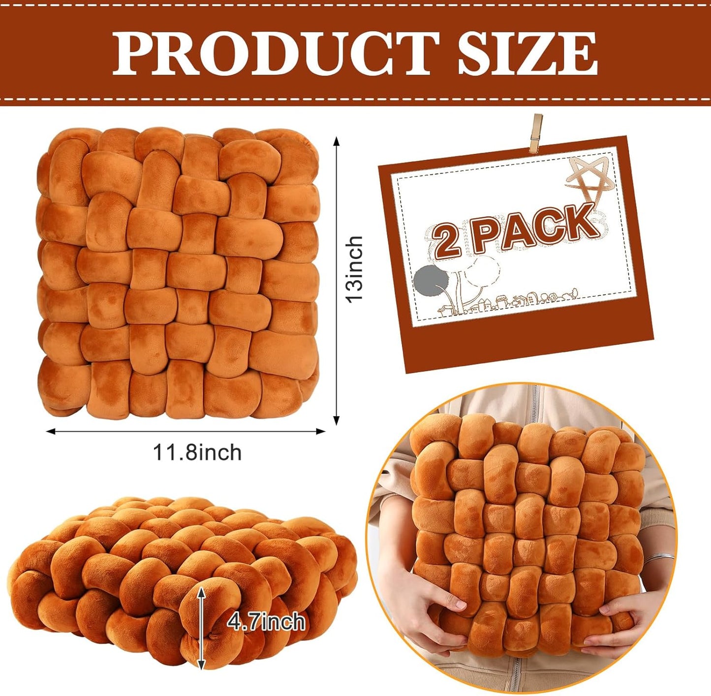 Wenqik 2 Pcs Knot Pillows Square Knotted Plush Throws Soft Accent Pillows Decoration Cushion for Couch Home Office Living Room Bedroom Bed Sofa Decor, 12'' x 13''(Caramel,Crystal Velvet)