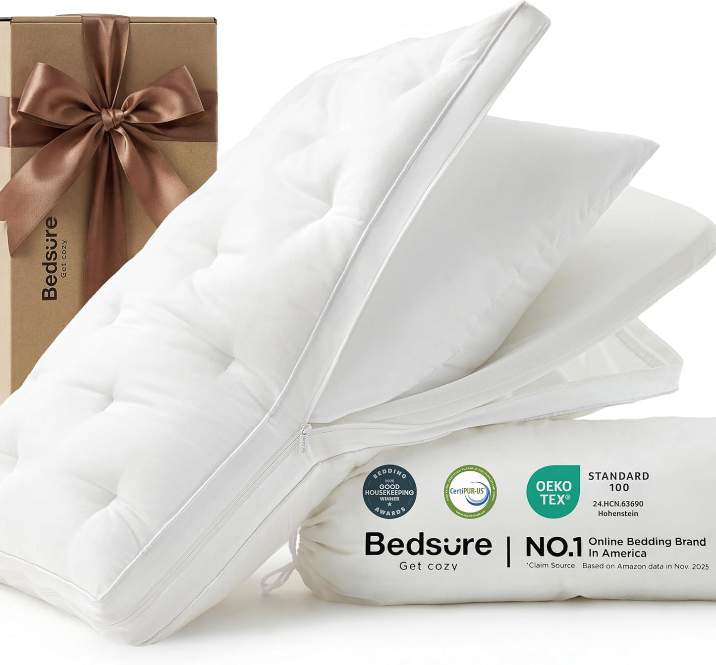 Bedsure 3-in-1 Adjustable Pillow King Size for Back Stomach Side Sleepers, 3/5.5/7 Inches Custom Height, CertiPUR-US Memory Foam & Down Alternative Fill, 100% Cotton Cover, PureWoven, 33"x17", 1 Pack