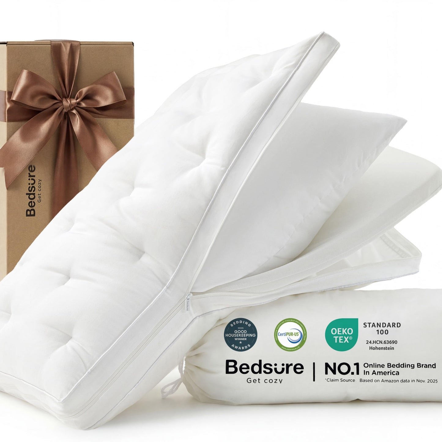 Bedsure 3-in-1 Adjustable Pillow King Size for Back Stomach Side Sleepers, 3/5.5/7 Inches Custom Height, CertiPUR-US Memory Foam & Down Alternative Fill, 100% Cotton Cover, PureWoven, 33"x17", 1 Pack