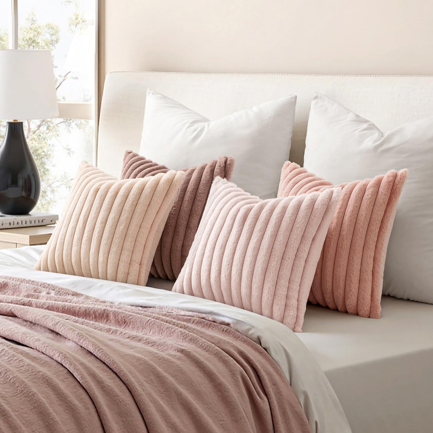 MIULEE Faux Fur Plush Decorative Throw Pillow Covers 18x18 Set of 4, Valentine's Day Cute Modern Soft Romantic Fuzzy Striped Cushion Covers for Sofa Couch Bed Living Room Cozy Home Decor,Pink