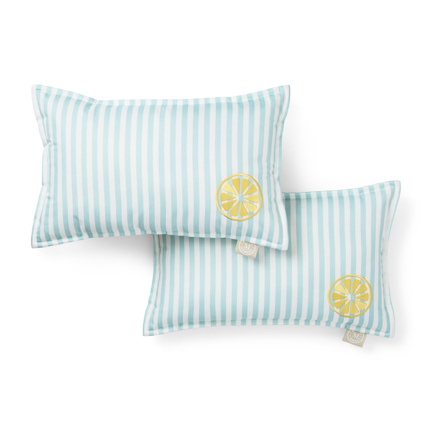Martha Stewart Spring May Embroidered Lemon Indoor Outdoor Decorative Pillow 2-Pack Set, UV Fade Resistant, Water Repellent, Printed Stripe Design, Aqua Blue/Yellow, 18"x18"