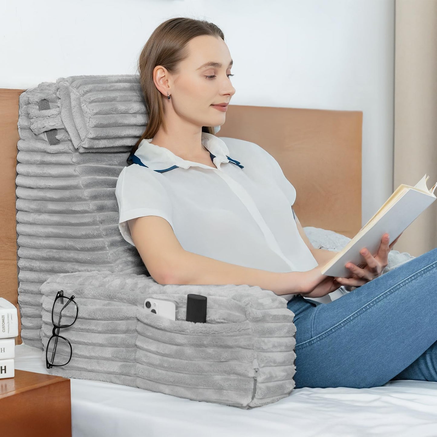 ENITYA 22" XL Back Pillow for Bed Sitting Up, Reading Pillow with Armrests & Big Pockets, Soft Back Support Chair, Ideal for Watching TV, Gaming, Nursing, Resting, Post Surgery, Dark Grey