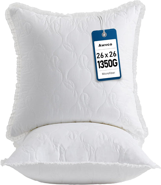 26 x 26 Throw Pillow Inserts with Lace Edge - Soft and Fluffy, Breathable Quilted Cotton Fabric - Decorative Pillows for Couch Sofa Bed, White, Pack of 2