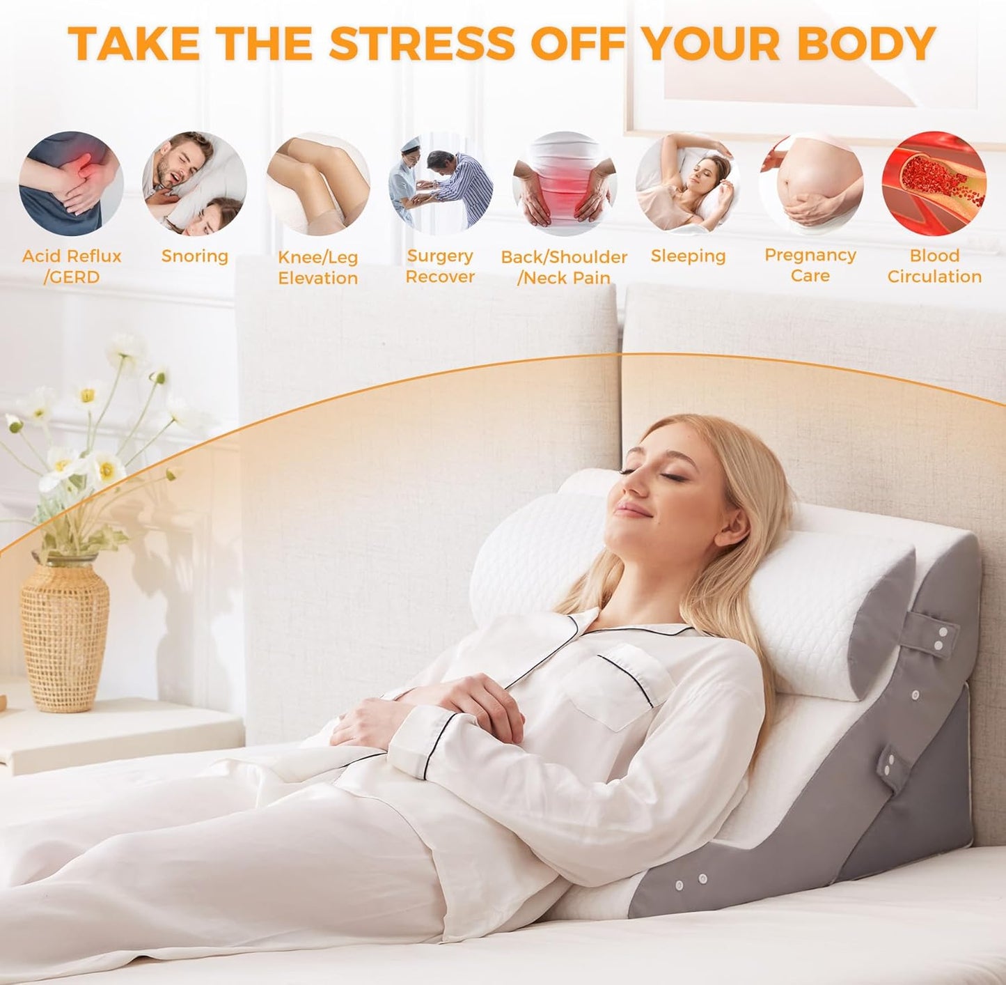 Ruqmuis 3PCS Wedge Pillow Set for After Surgery, Adjustable Back Pillow for Bed Sitting up, Acid Reflux, Bed Wedge Pillow Headboard for Sleeping & Snoring, Orthopedic Pillow for Post Surgery, White
