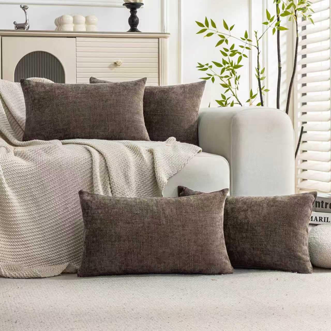 Set of 4 Soft Textured Decorative Throw Pillow Covers 24x24 Inch Cozy Farmhouse Cushion Cover Square Accent Pillow Cases for Bed Couch Sofa Living Room, Neutral
