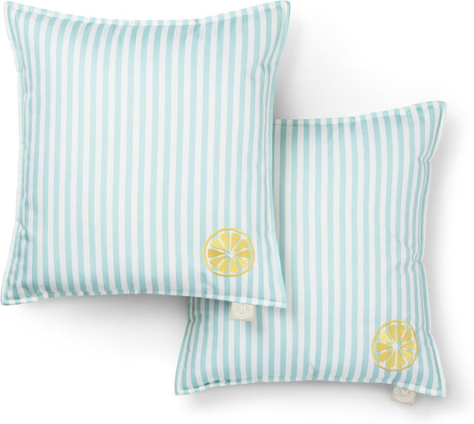 Martha Stewart Spring May Embroidered Lemon Indoor Outdoor Decorative Pillow 2-Pack Set, UV Fade Resistant, Water Repellent, Printed Stripe Design, Aqua Blue/Yellow, 18"x18"