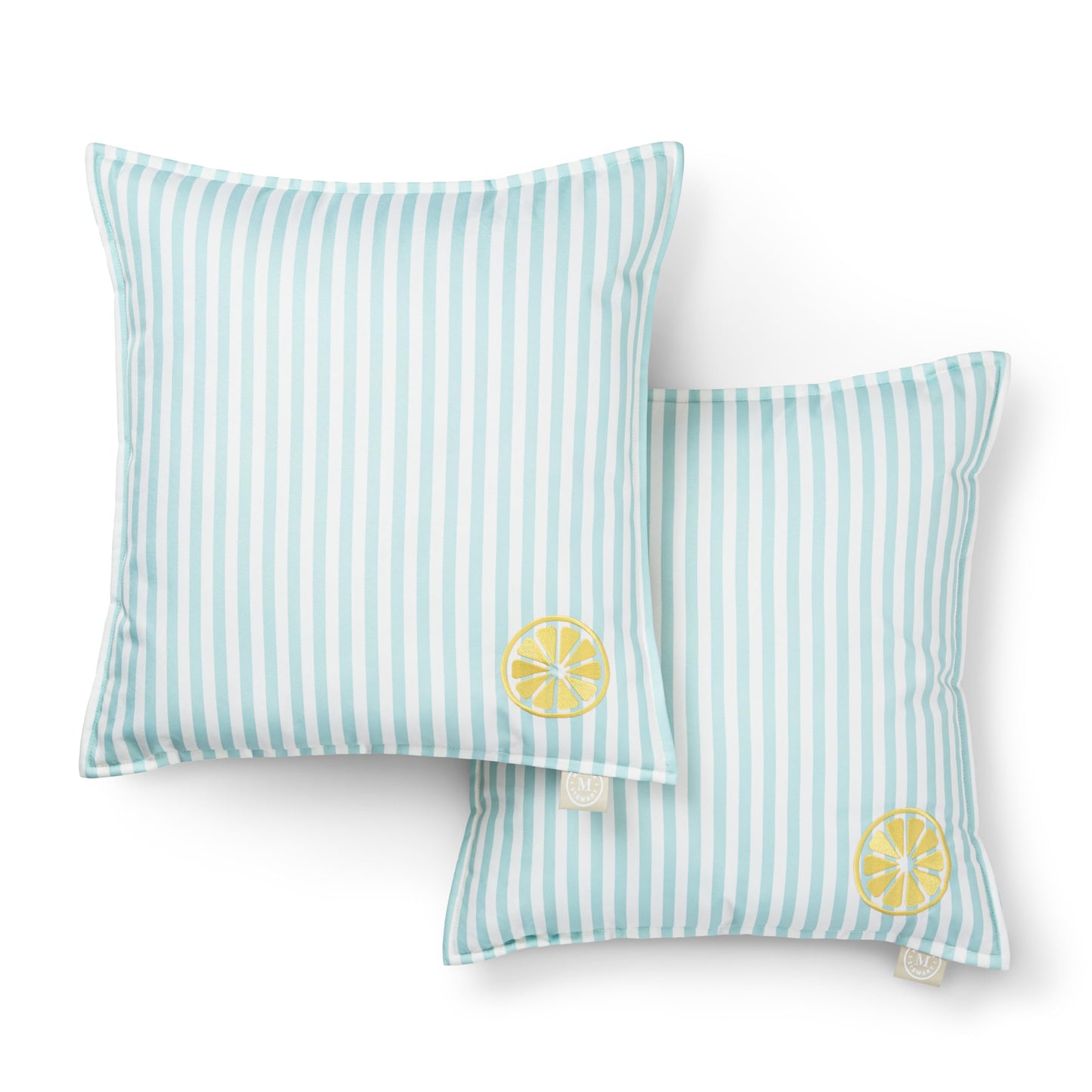 Martha Stewart Spring May Embroidered Lemon Indoor Outdoor Decorative Pillow 2-Pack Set, UV Fade Resistant, Water Repellent, Printed Stripe Design, Aqua Blue/Yellow, 18"x18"