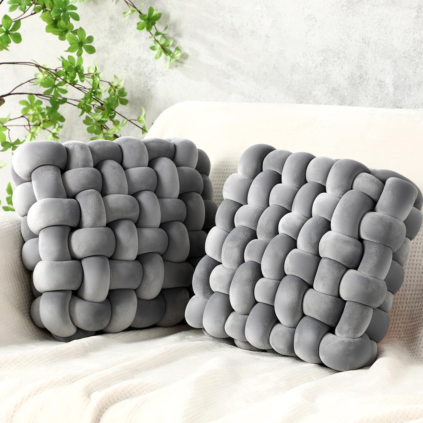 Wenqik 2 Pcs Knot Pillows Square Knotted Plush Throws Soft Accent Pillows Decoration Cushion for Couch Home Office Living Room Bedroom Bed Sofa Decor, 12'' x 13''(Caramel,Crystal Velvet)