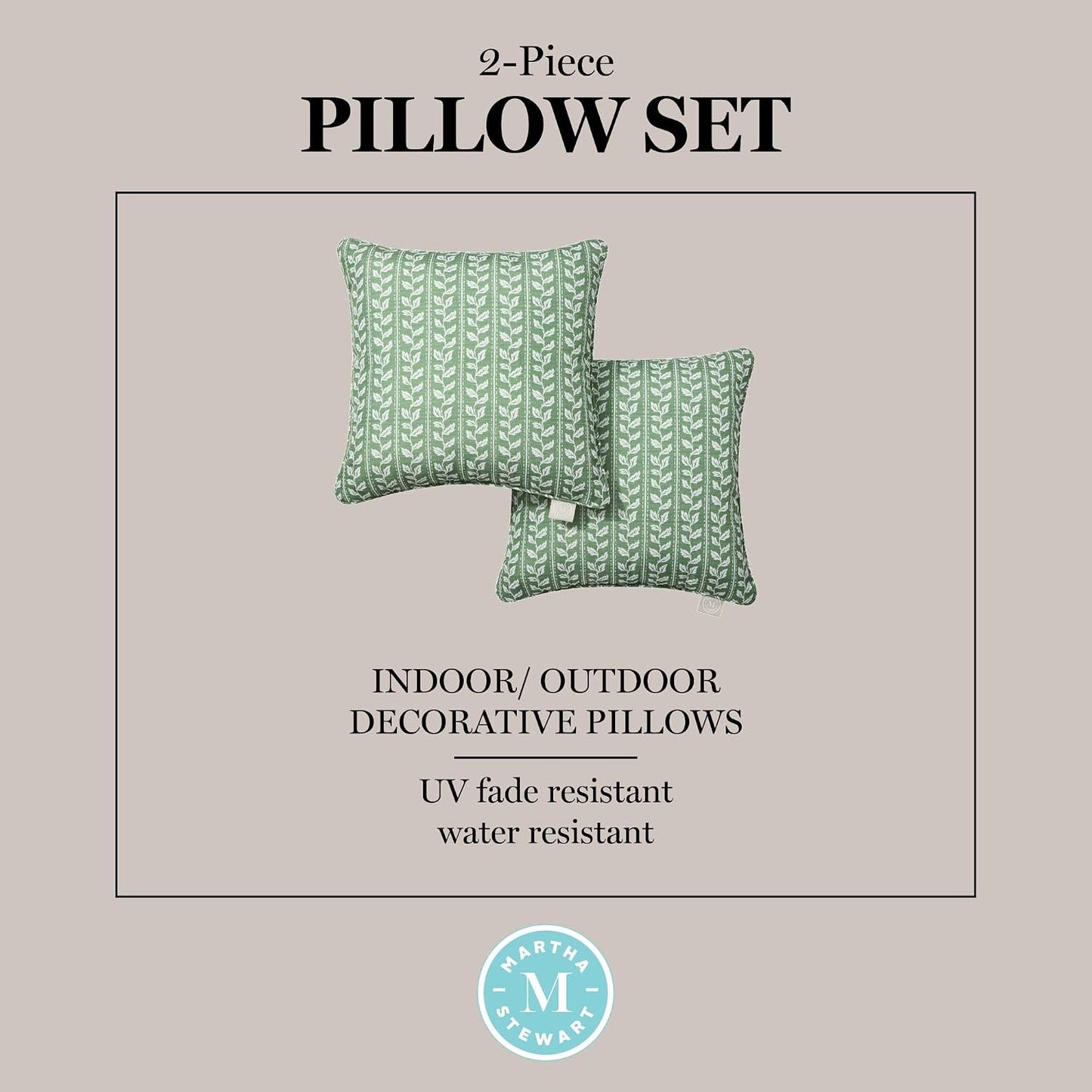 Martha Stewart Vineyard Vines Indoor Outdoor Decorative Pillow 2-Pack Set, UV Fade Resistant, Water Repellent, Printed Garden Design, Green, 18"x18"