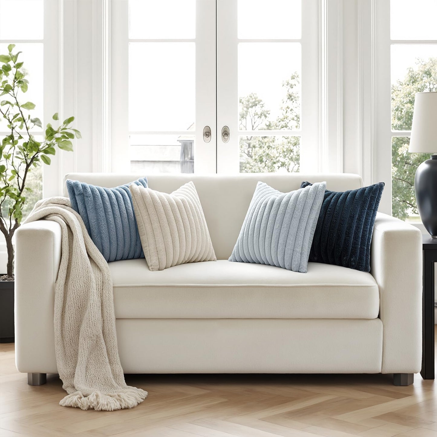 MIULEE Faux Fur Plush Decorative Throw Pillow Covers 18x18 Set of 4, Summer Modern Soft Fuzzy Coastal Striped Cushion Covers for Sofa Couch Bed Living Room Cozy Home Decor,Navy Blue
