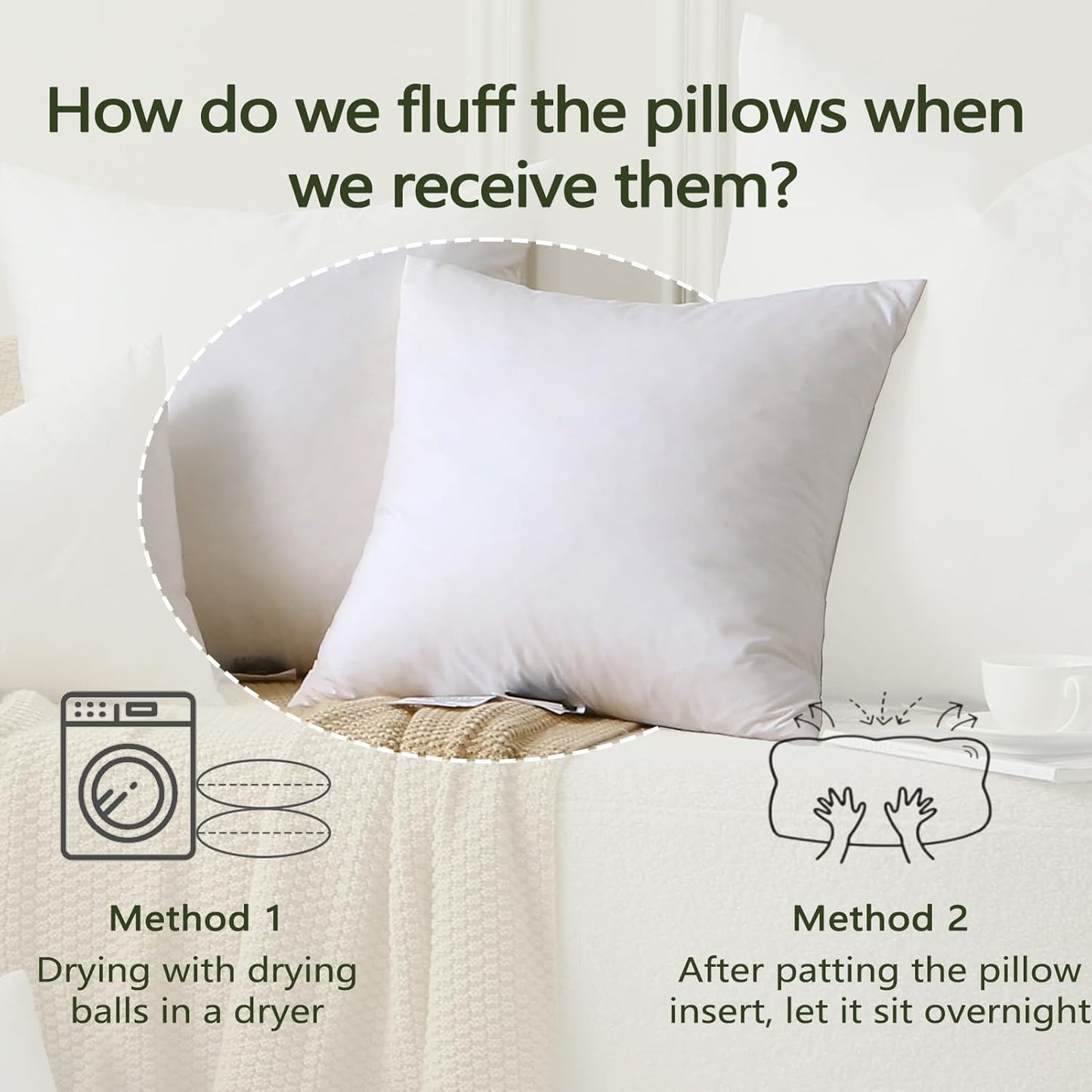 DWR Set of 2 Feather Down Throw Pillow Inserts 28x28 with Organic Cotton Cover, Feather Square White Decorative Pillow Inserts for Bed, Sofa, and Couch