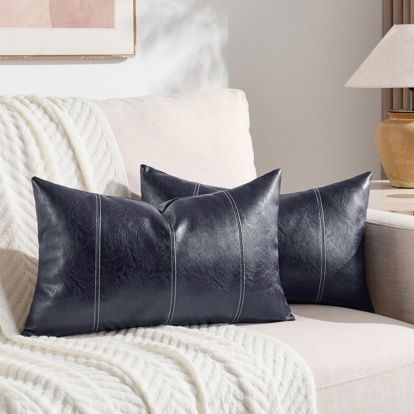 Fancy Homi 2 Packs Brown Boho Long Lumbar Faux Leather Body Decorative Throw Pillow Cover 14x36 Inch for Bedroom Couch Bed Bench, Hand Stitched Stylish Pillowcase, Rustic Modern Farmhouse Room Decor