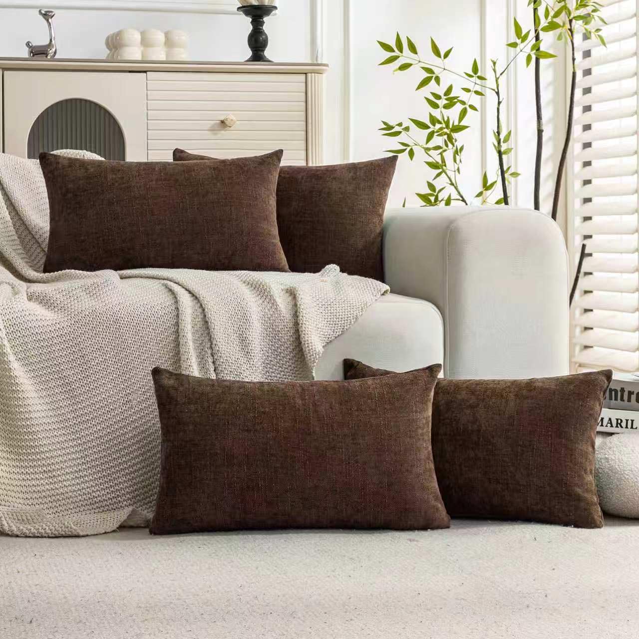 Set of 4 Soft Textured Decorative Throw Pillow Covers 24x24 Inch Cozy Farmhouse Cushion Cover Square Accent Pillow Cases for Bed Couch Sofa Living Room, Neutral