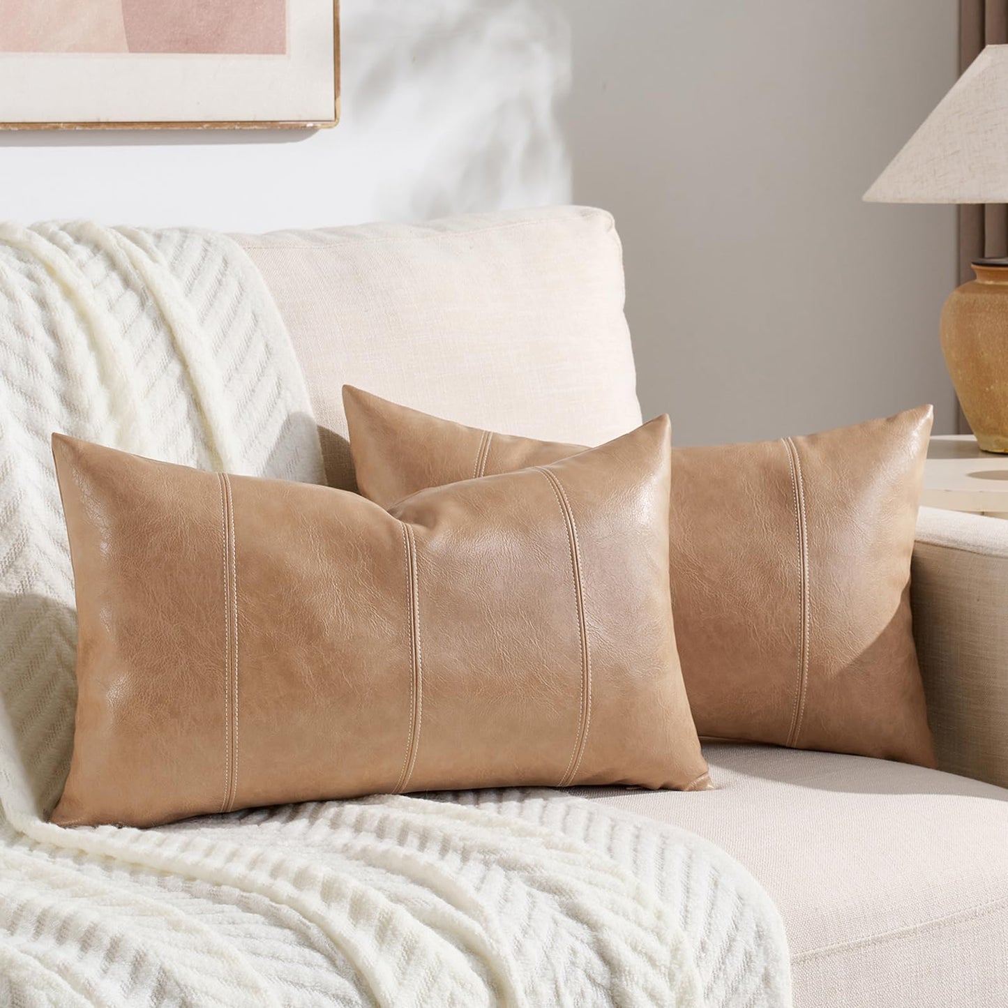 Fancy Homi 2 Packs Brown Boho Long Lumbar Faux Leather Body Decorative Throw Pillow Cover 14x36 Inch for Bedroom Couch Bed Bench, Hand Stitched Stylish Pillowcase, Rustic Modern Farmhouse Room Decor