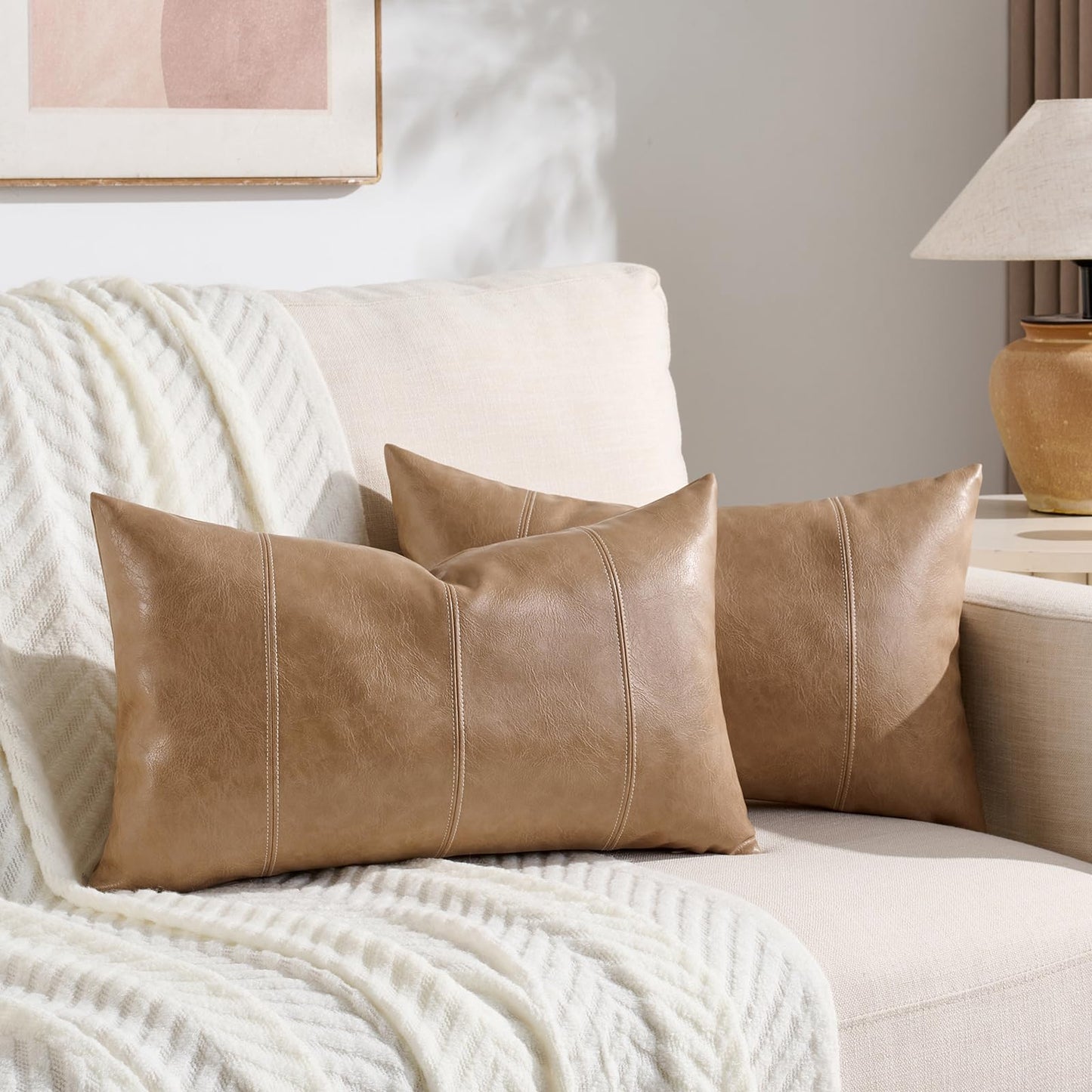 Fancy Homi 2 Packs Brown Boho Long Lumbar Faux Leather Body Decorative Throw Pillow Cover 14x36 Inch for Bedroom Couch Bed Bench, Hand Stitched Stylish Pillowcase, Rustic Modern Farmhouse Room Decor